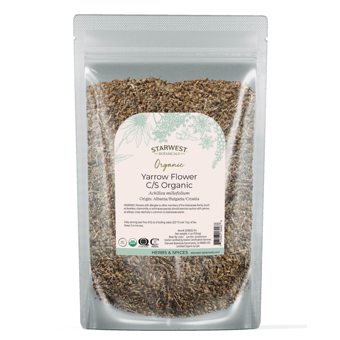 Starwest Botanicals Organic Yarrow Flowers - Dried Loose Leaf Herb for Tea, Cut & Sifted, Certified Kosher, Non-GMO - 4 oz Bag