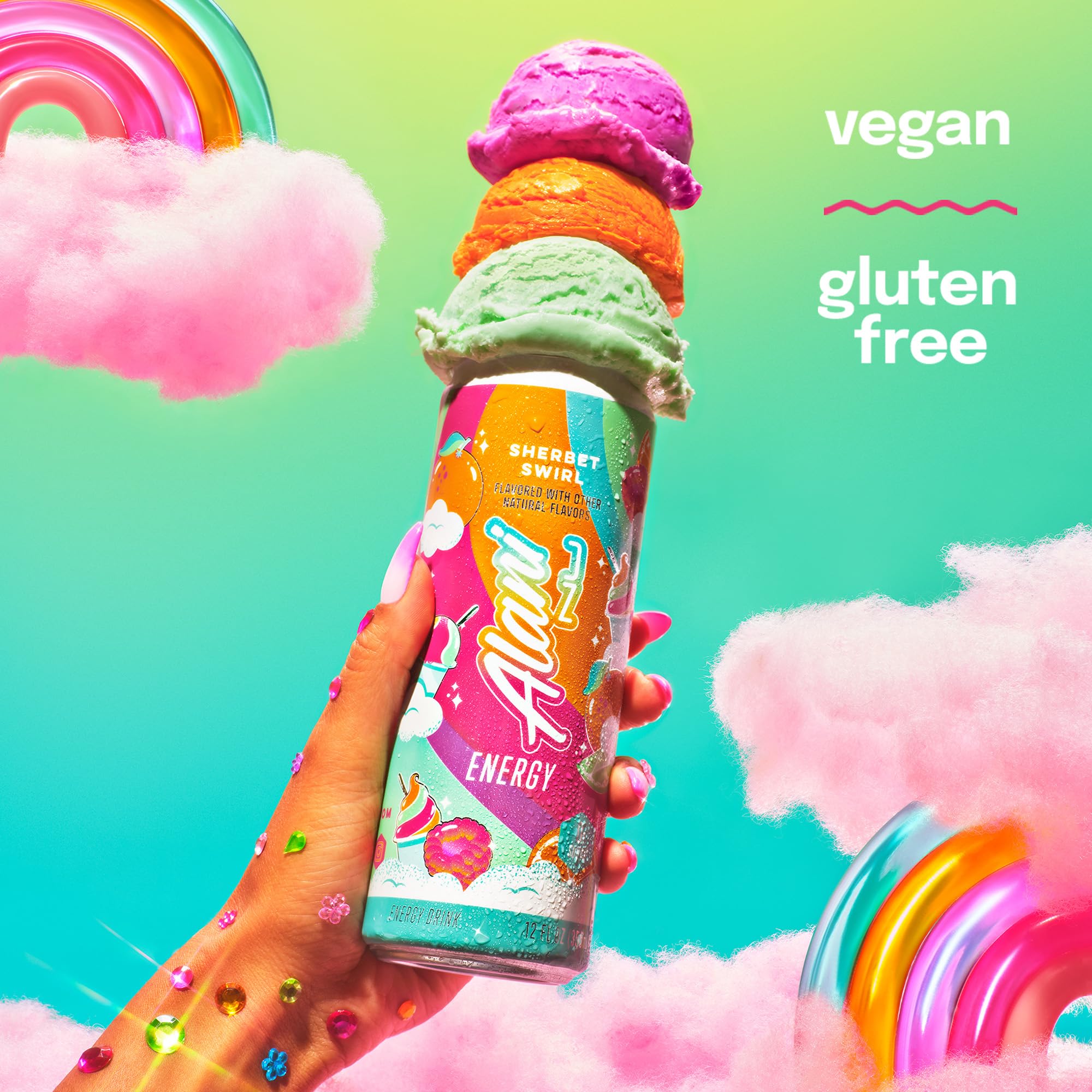 Alani Nu SHERBET SWIRL Sugar Free, Low Calorie Energy Drinks, 200mg Caffeine, Biotin B Vitamins, Zero Sugar, 10 Calories, 12 Fl Oz Cans, 24 Pack