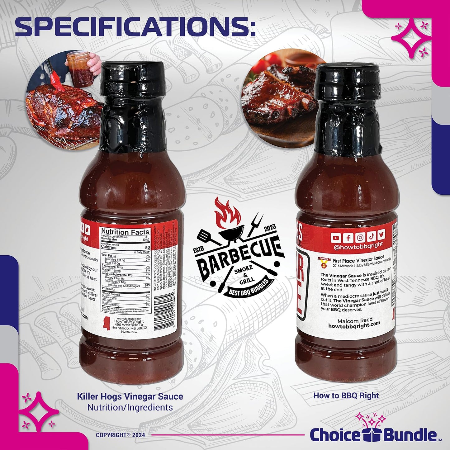 Killer Hogs Vinegar Sauce BBQ 2 pk (32 oz) Great to Dip Toss Glaze & More + Barbecue Masters & Bottle Opener (4 Items)!