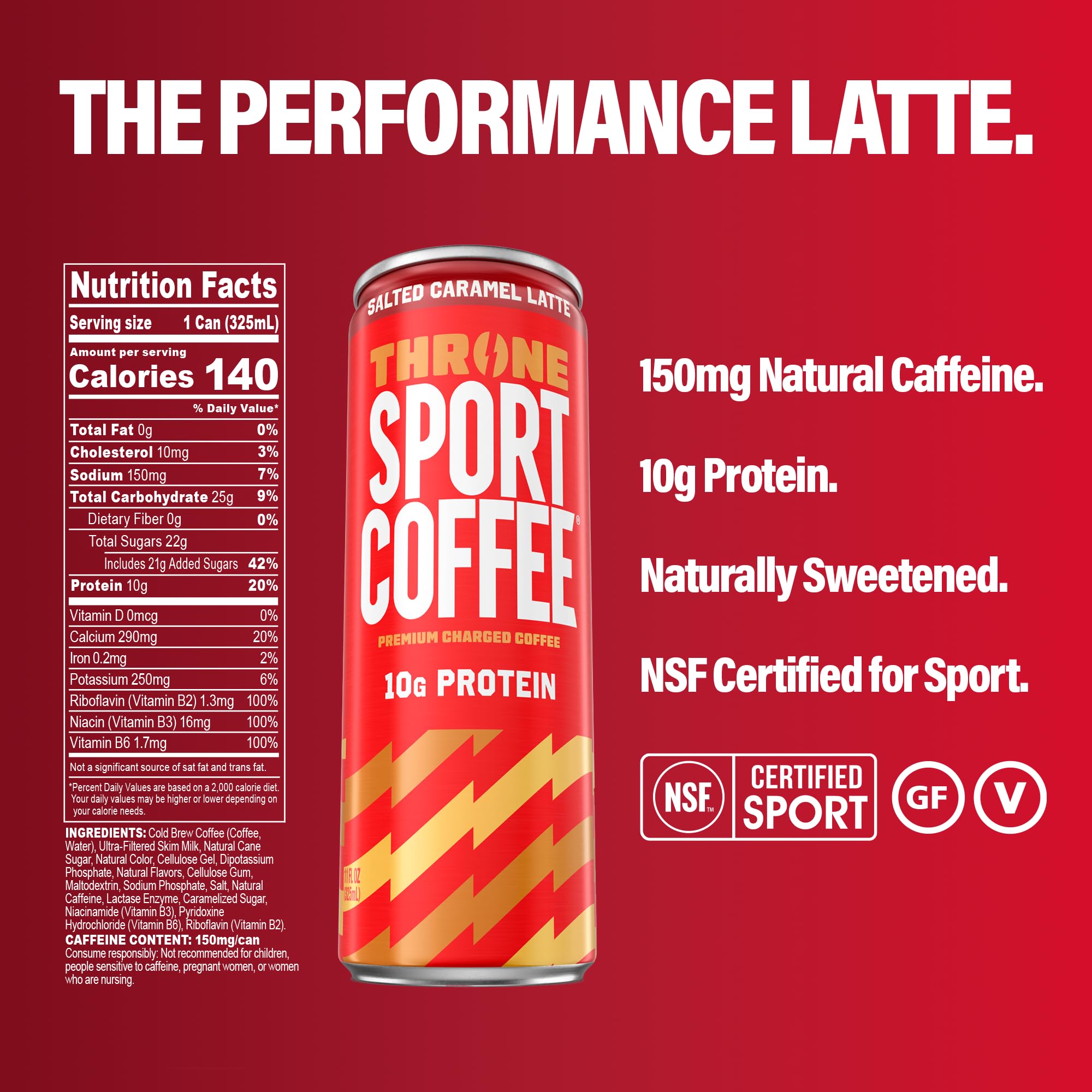 Throne Sport Coffee Latte - 10g protein - 150mg Natural Caffeine and B Vitamins - Lactose-Free, Premium Arabica, NSF Certified, Active Lifestyles