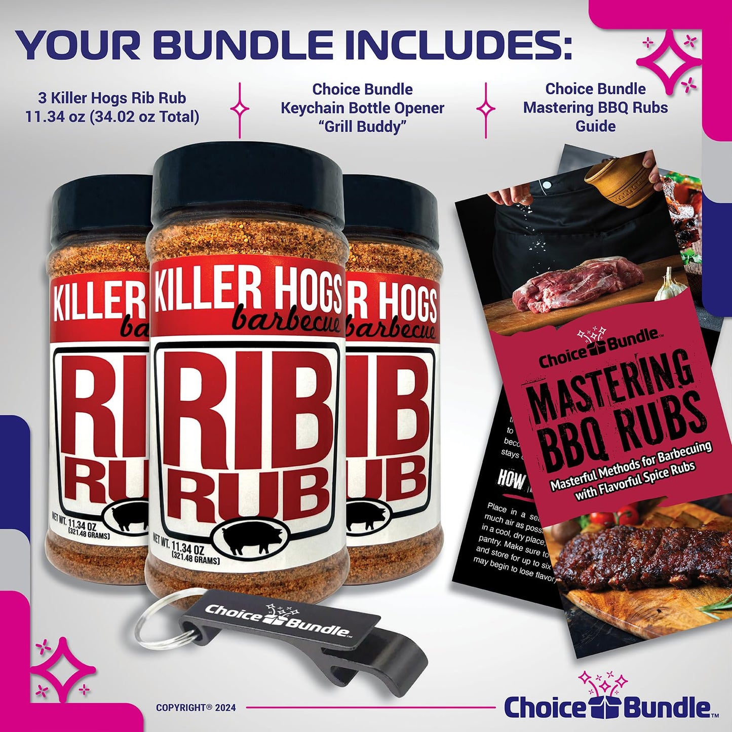 Killer Hogs Rib Rub Premium BBQ Barbecue Spice Seasoning 3 pk (34.02 oz) + Guide & Bottle Opener (5 Items)!