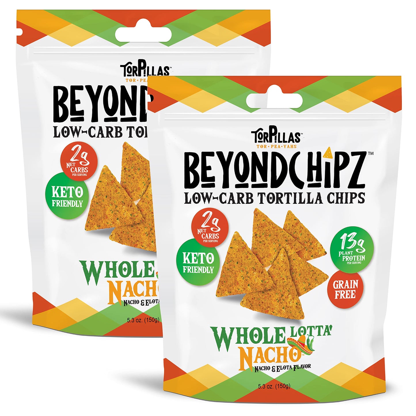 BeyondChipz Low Carb Tortilla Chips, Whole Lotta' Nacho, Keto Friendly, Gluten Free, 5.3oz Bag, Pack of 2