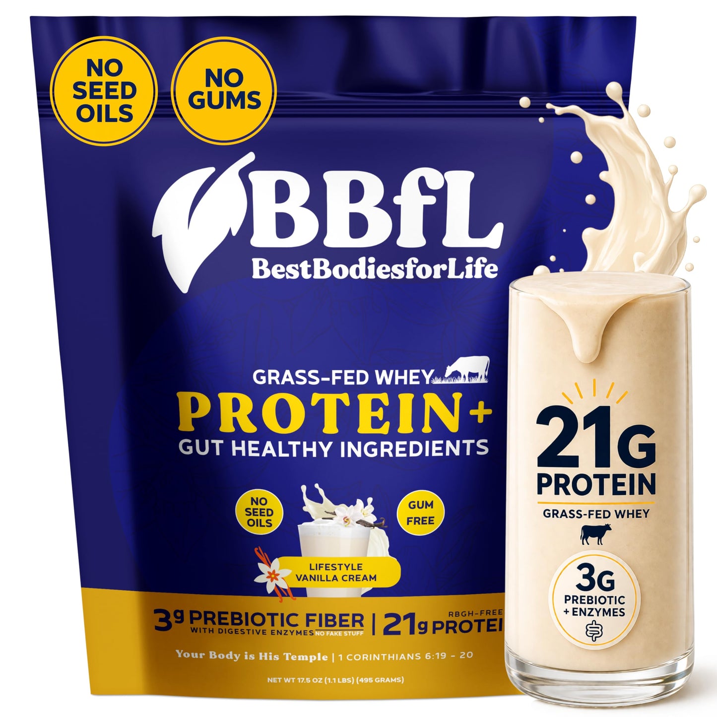 BBfL Grass-Fed Whey Protein Shake - 21g rBGH-Free Protein, Vanilla Bean + Apple Cider Vinegar, Prebiotics, Digestive Enzymes, Supports Gut Health