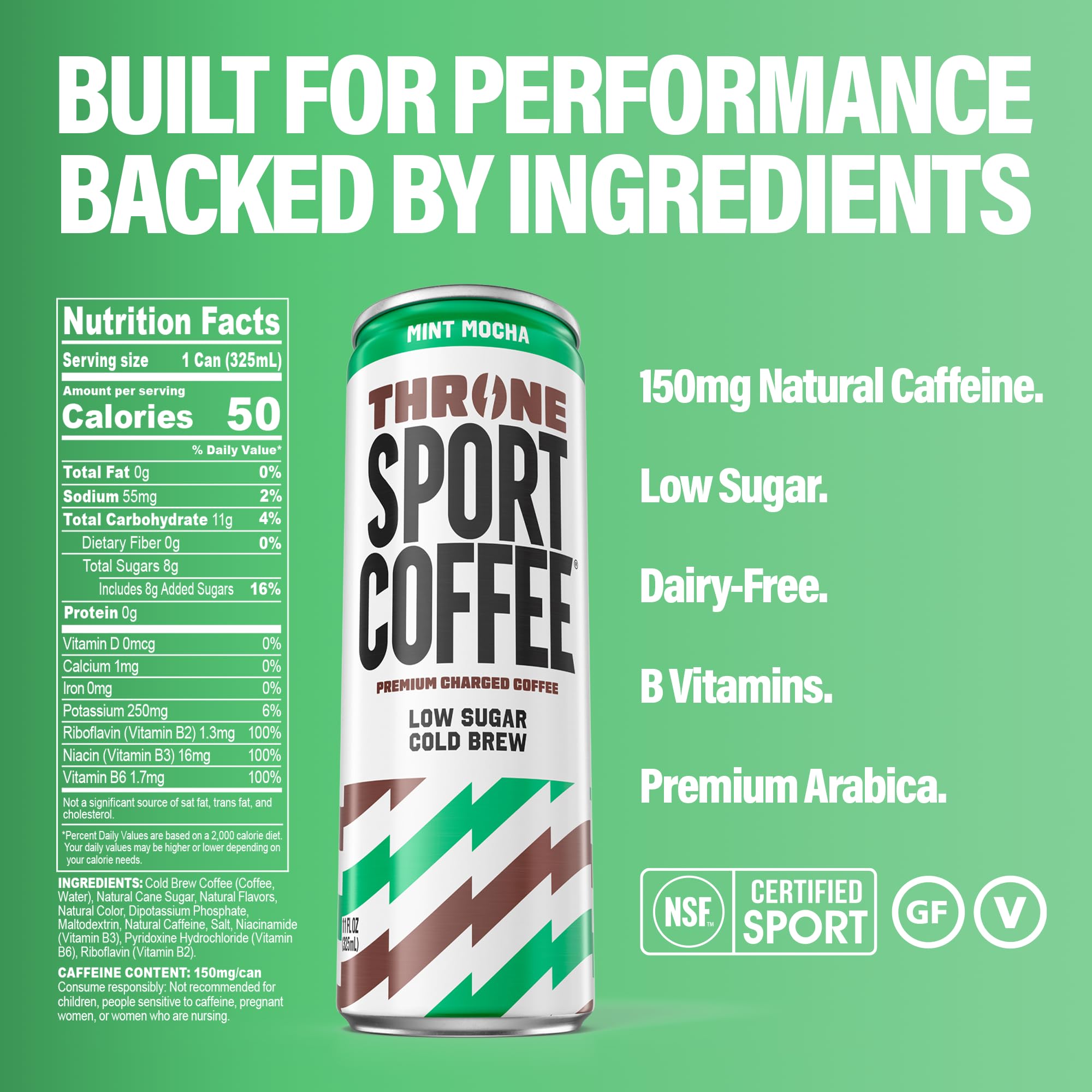Throne Sport Coffee Cold Brew - Low Sugar. 150mg Natural Caffeine and B Vitamins - Dairy-Free, Low Calorie -Premium Arabica, NSF Certified Active