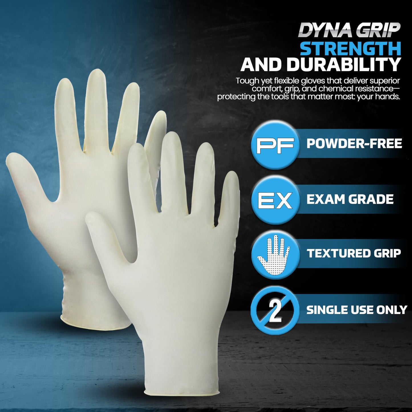 SAS Safety 650-1003 Dyna Grip Powder-Free Premium Latex Disposable Gloves, 7 Mil, Large, 100 Count , White