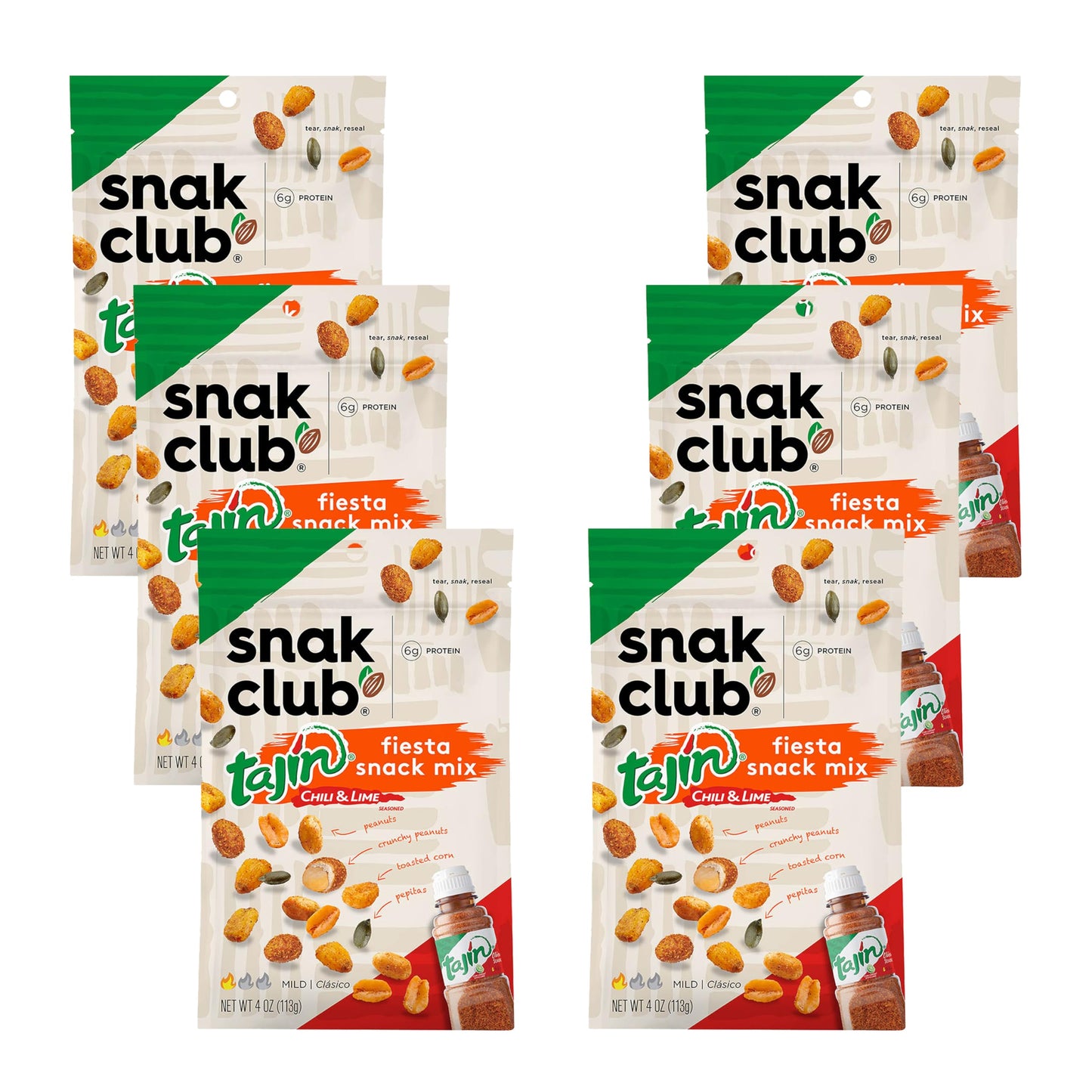 Snak Club Tajin Fiesta Snack Mix, Peanuts, Crunchy Peanuts, Toasted Corn, and Pepitas with Chili and Lime Seasoning, Mild, 4 oz Resealable Bags, 6