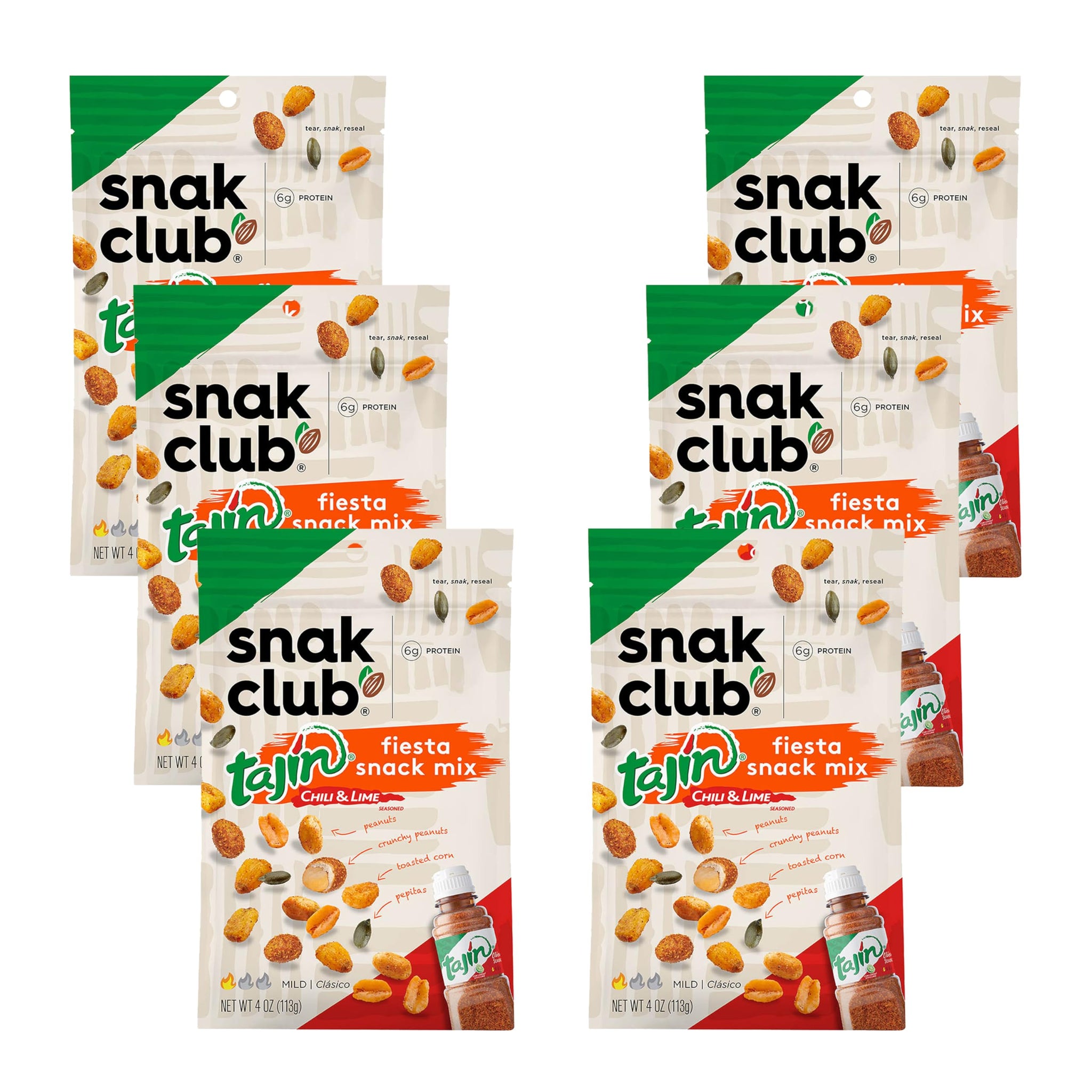 Snak Club Tajin Fiesta Snack Mix, Peanuts, Crunchy Peanuts, Toasted Corn, and Pepitas with Chili and Lime Seasoning, Mild, 4 oz Resealable Bags, 6