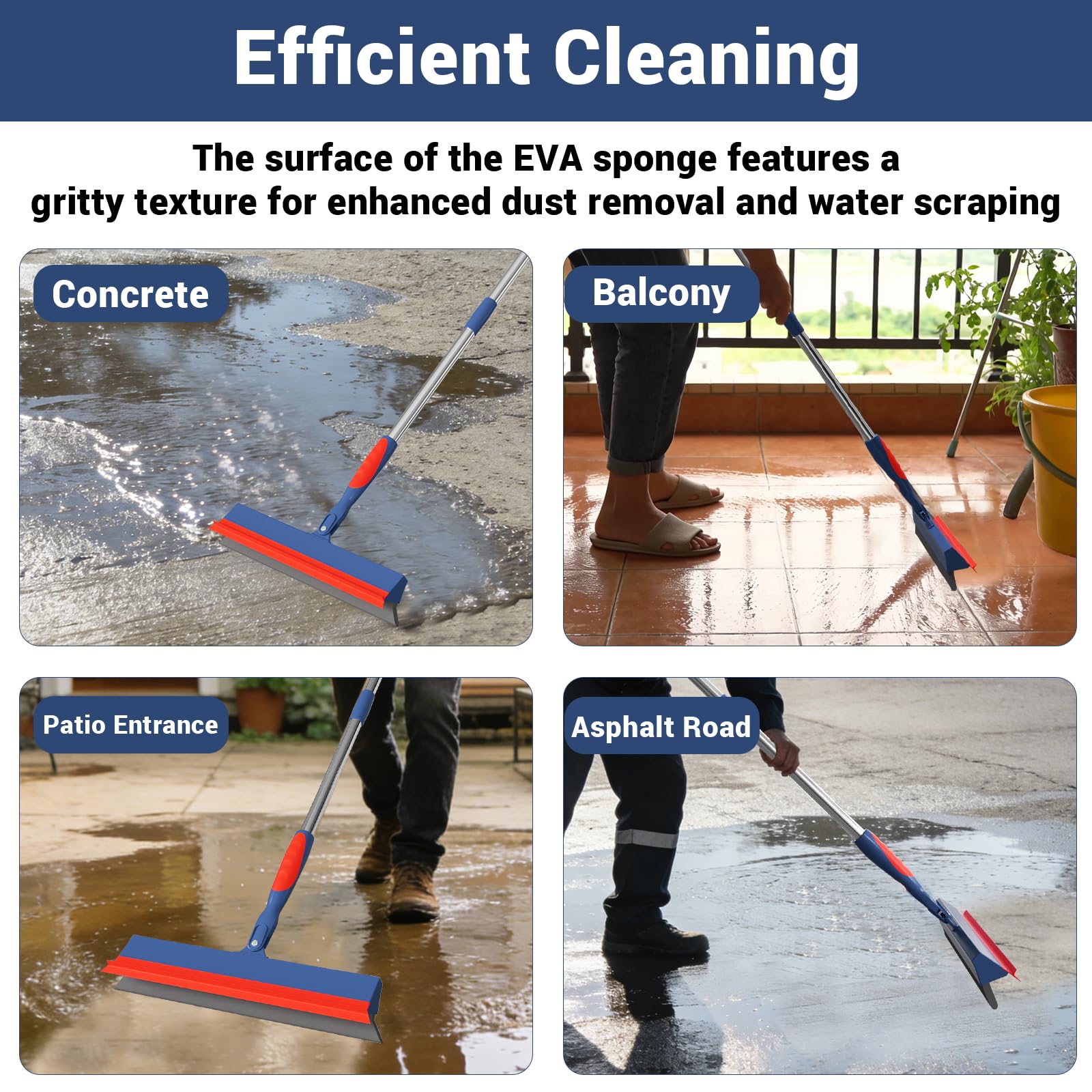FibreDeep Floor Squeegee for Concrete Floor, 15.8" Large Heavy Duty Squeegee for Floor with 60" Adjustable Handle, 2-in-1 Silicone & EVA Blade