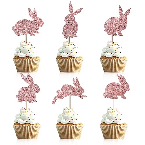 Artczlay 24pcs bunny cupcake topper, easter bunny themed cake decoration, glitter boy girl baby party decoration (Rose gold)
