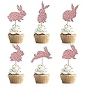 Artczlay 24pcs bunny cupcake topper, easter bunny themed cake decoration, glitter boy girl baby party decoration (Rose gold)