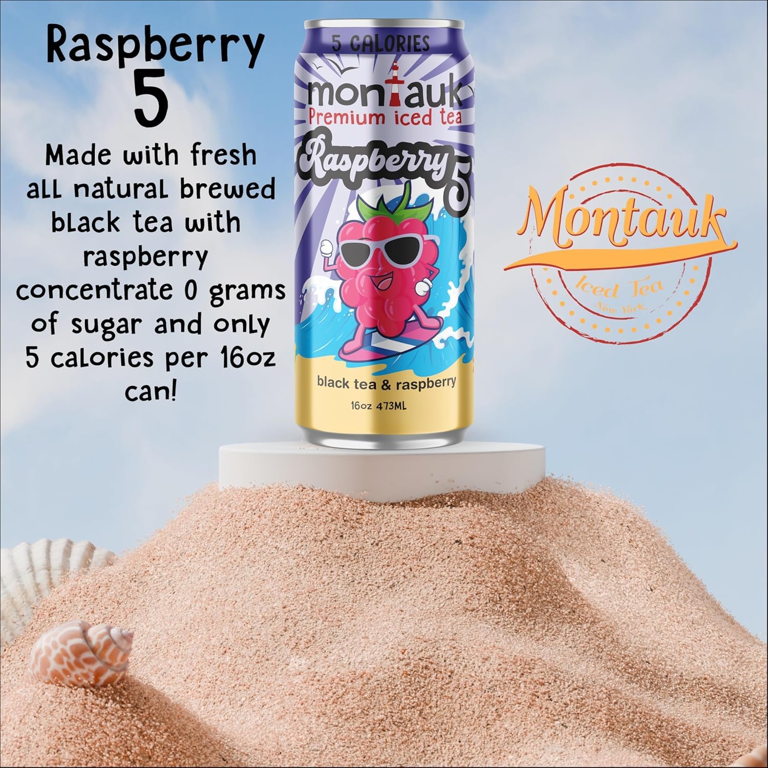 Montauk Premium Iced Tea, Ready-to-Drink Tea, 16 fl oz Cans (Pack of 12, Raspberry)