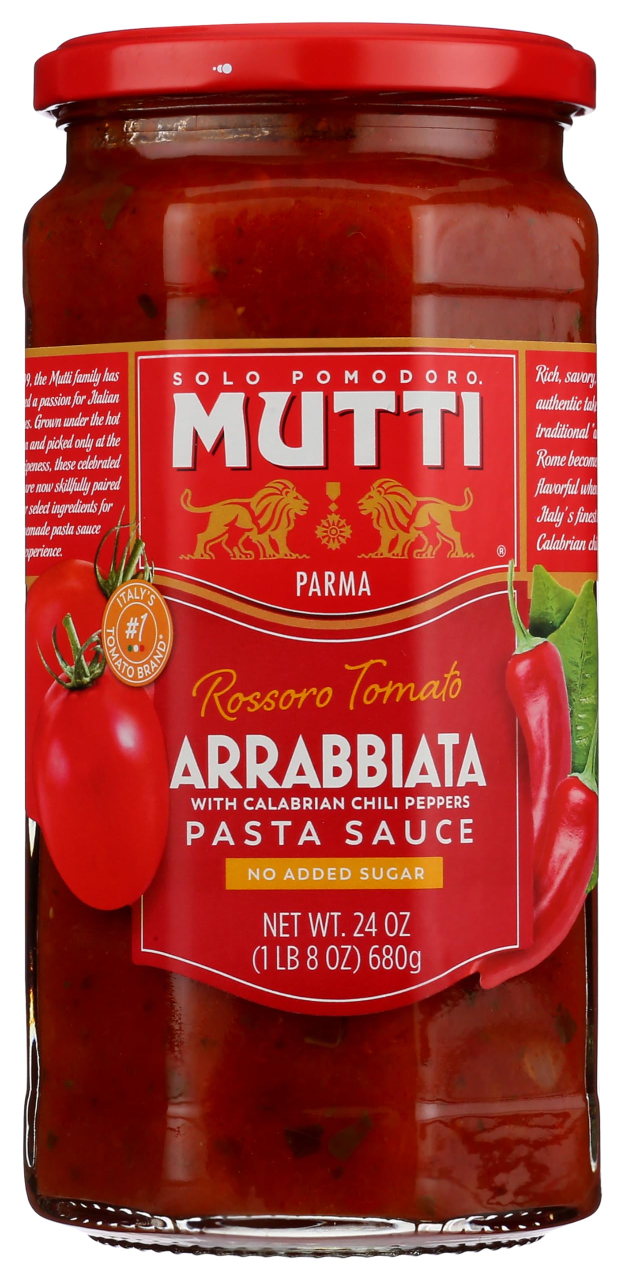 Mutti Arrabbiata Pasta Sauce, No Added Sugar, Vegan Friendly, Gluten Free & Non-GMO, 24 Ounce (Pack of 6)