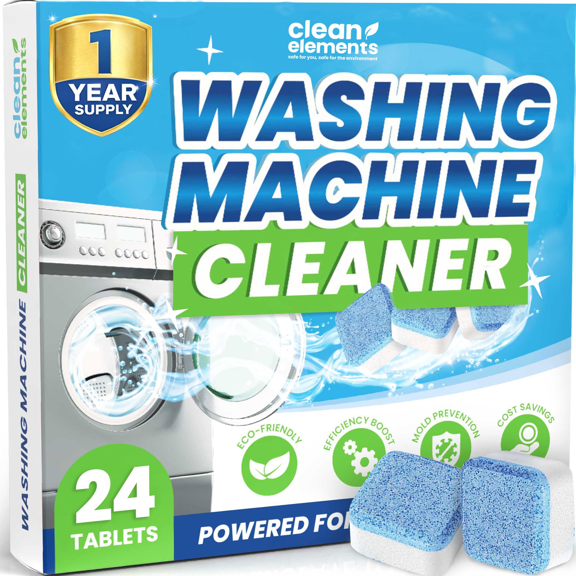 Clean Elements Washing Machine Cleaner Tablets 24 Pack - Deep Cleaning Descaler for HE, Front & Top Load Washers - Septic Safe, Eco-Friendly