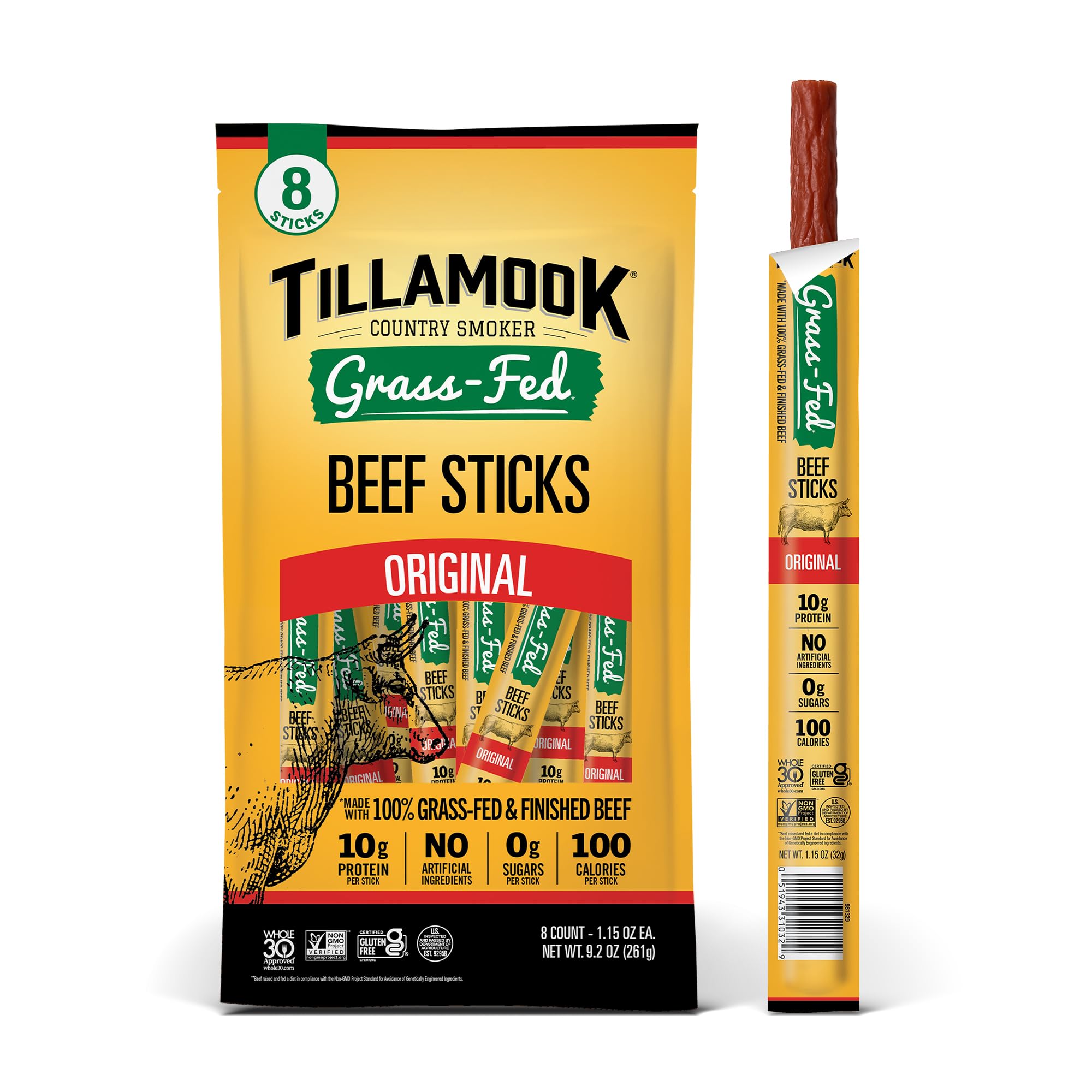 Tillamook Country Smoker 100% Grass Fed Beef Sticks, Zero Sugar, Original, 1.15 Ounce, 8 Pack, Non-GMO Clean Meat Snacks, 10g High Protein Per Stick