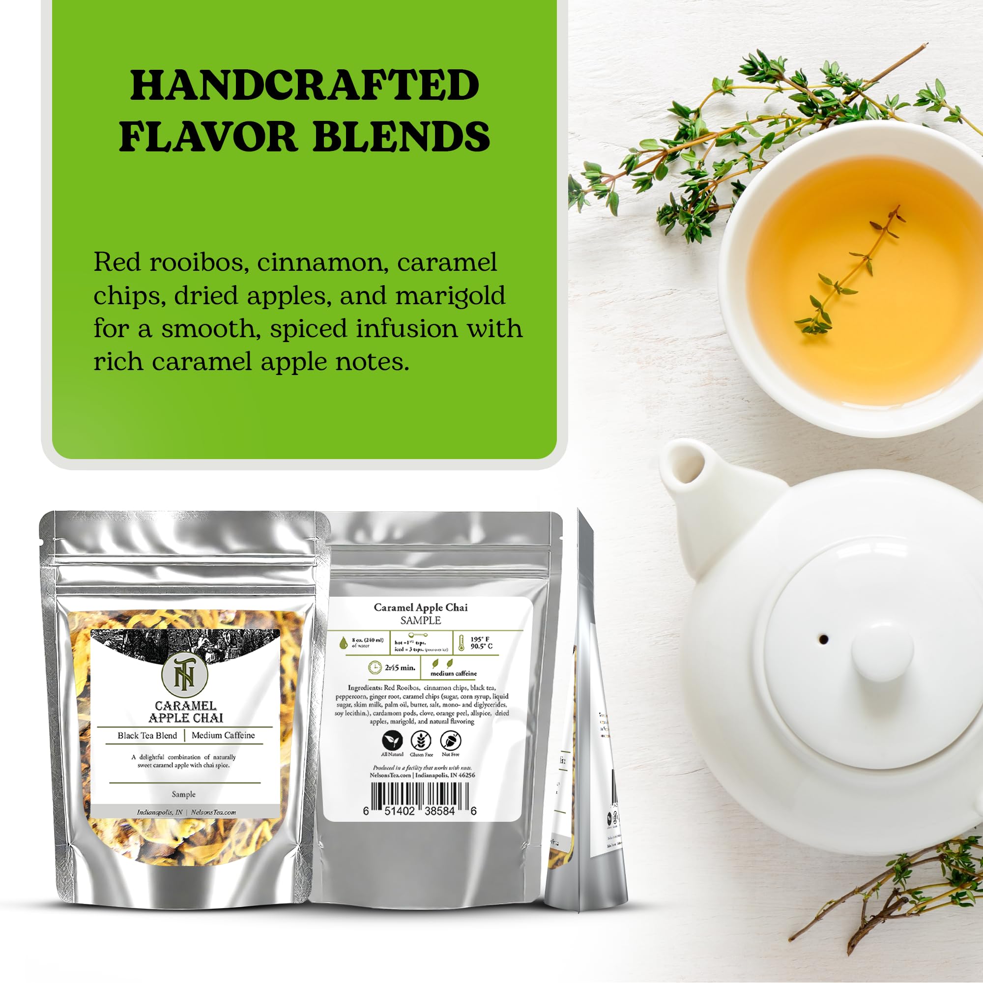 Nelson's Tea Caramel Apple Chai Tea Loose Leaf - Cut & Sifted Red Rooibos Loose Leaf Tea, Black Tea with Cinnamon Chips, Peppercorn, Ginger Root