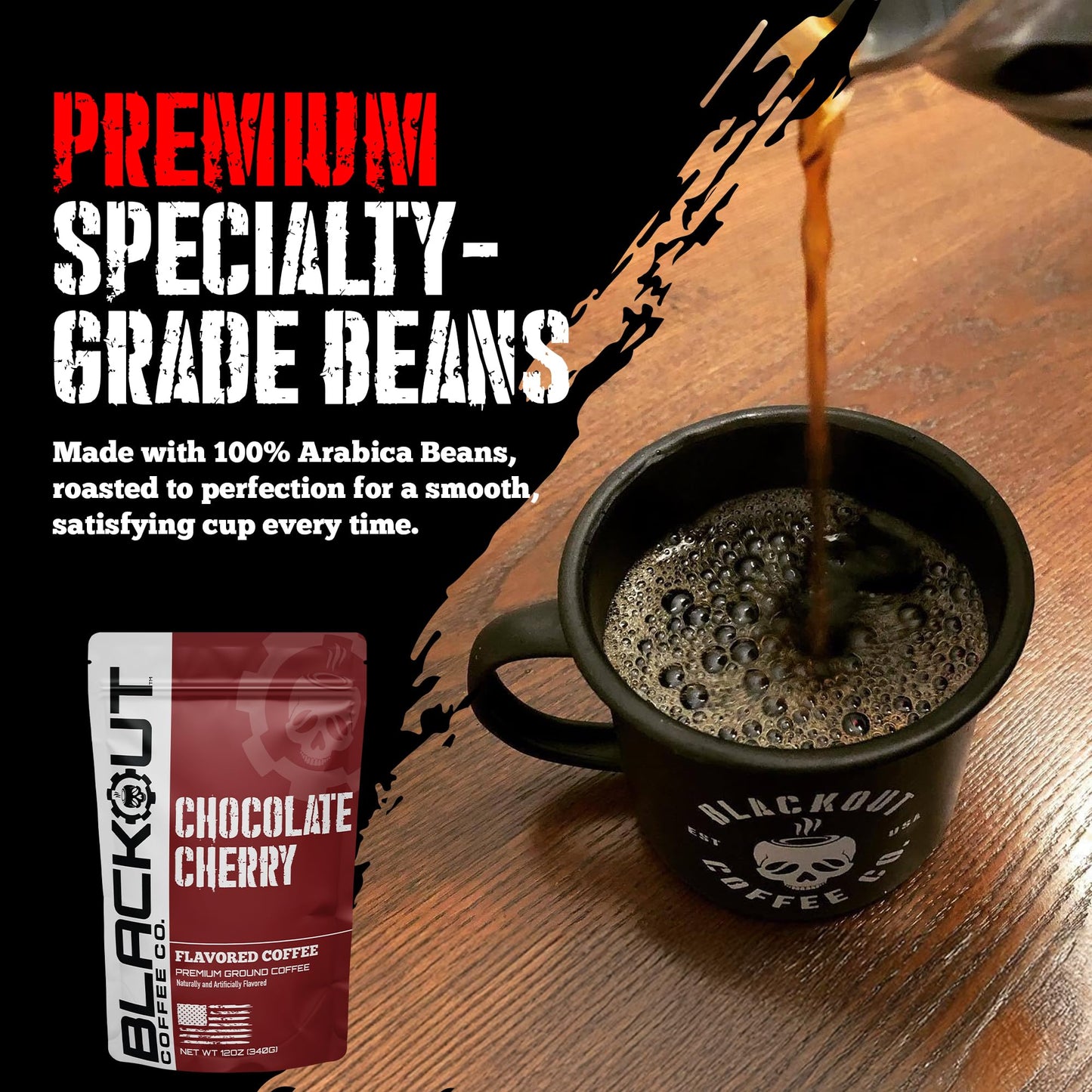 Blackout Coffee Chocolate Cherry Flavored Ground Coffee - Medium Roast, Smooth Taste, Guilt-Free Indulgence - Freshly Roasted 12oz Pouch.