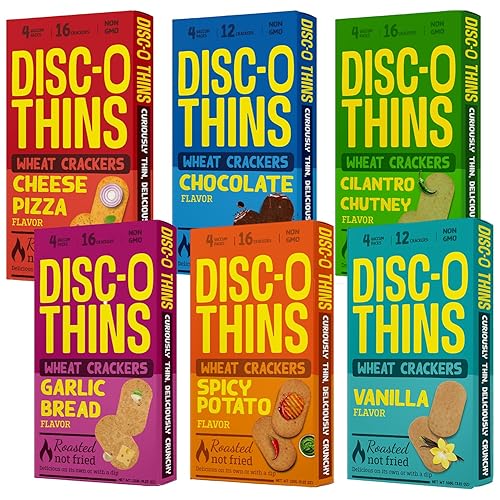 Disc-O Thins Whole Wheat Crackers - Crunchy Roasted Snack, High-Fiber & Low-Fat On-the-go Snack Chips, 88pcs (Variety Pack of 6) - Healthy Travel