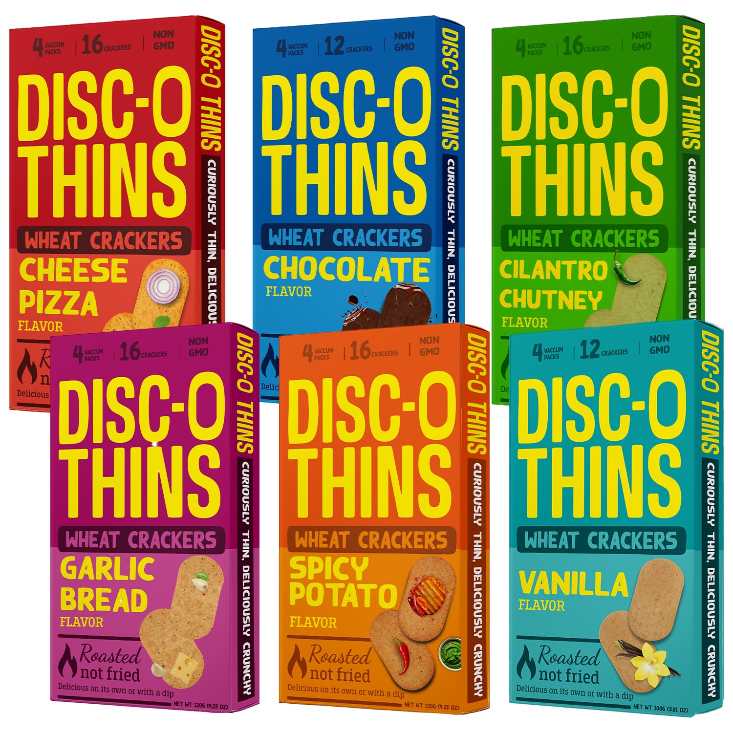 Disc-O Thins Whole Wheat Crackers - Crunchy Roasted Snack, High-Fiber & Low-Fat On-the-go Snack Chips, 88pcs (Variety Pack of 6) - Healthy Travel