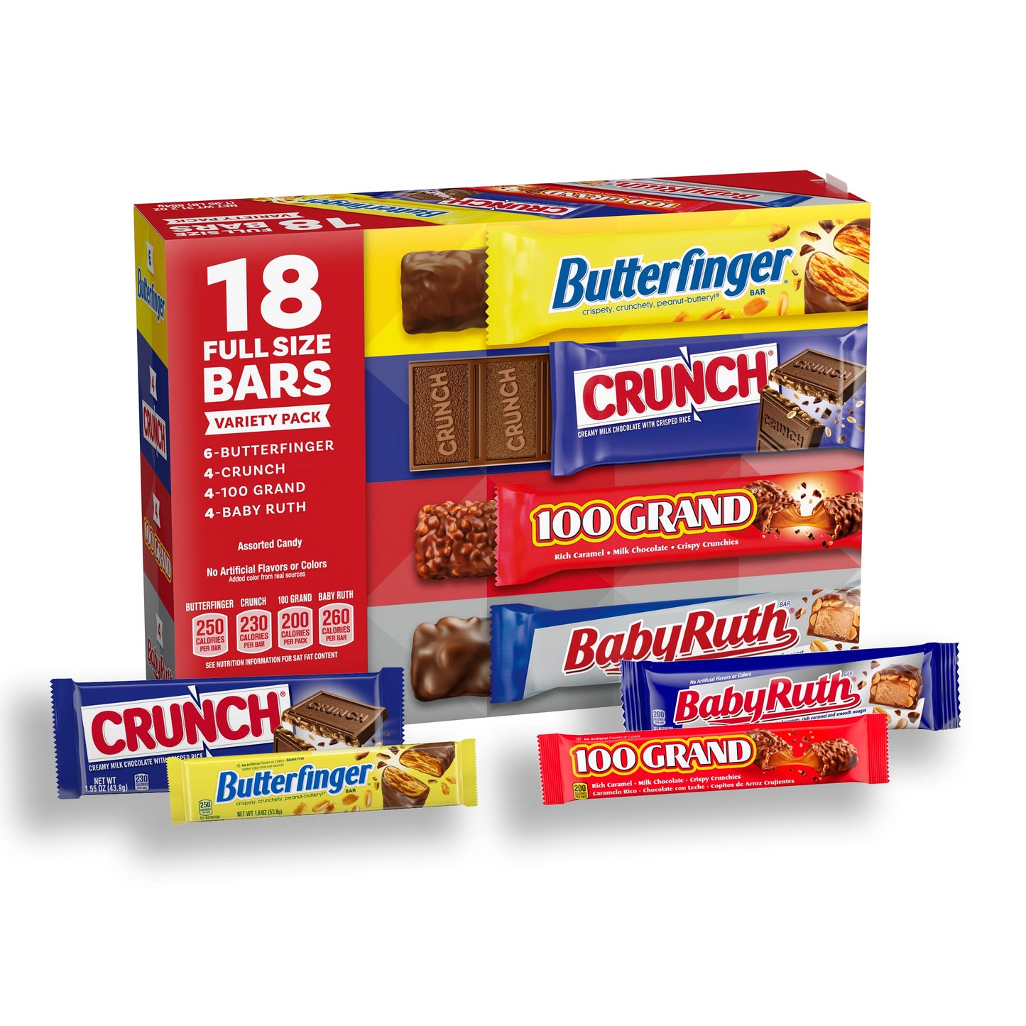 Assorted Butterfinger, Crunch, Baby Ruth, and 100 Grand Full Size Chocolates, 18 count, 31.2 oz