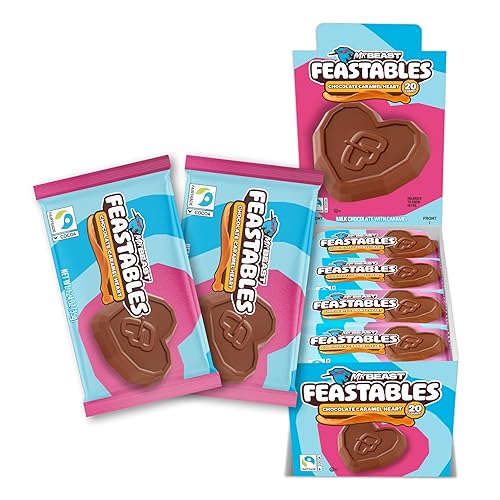 MrBeast Feastables Caramel Valentine Heart Cups, Limited Edition, 20 Count, Milk Chocolate with Creamy Caramel Filling, Fairtrade Cocoa