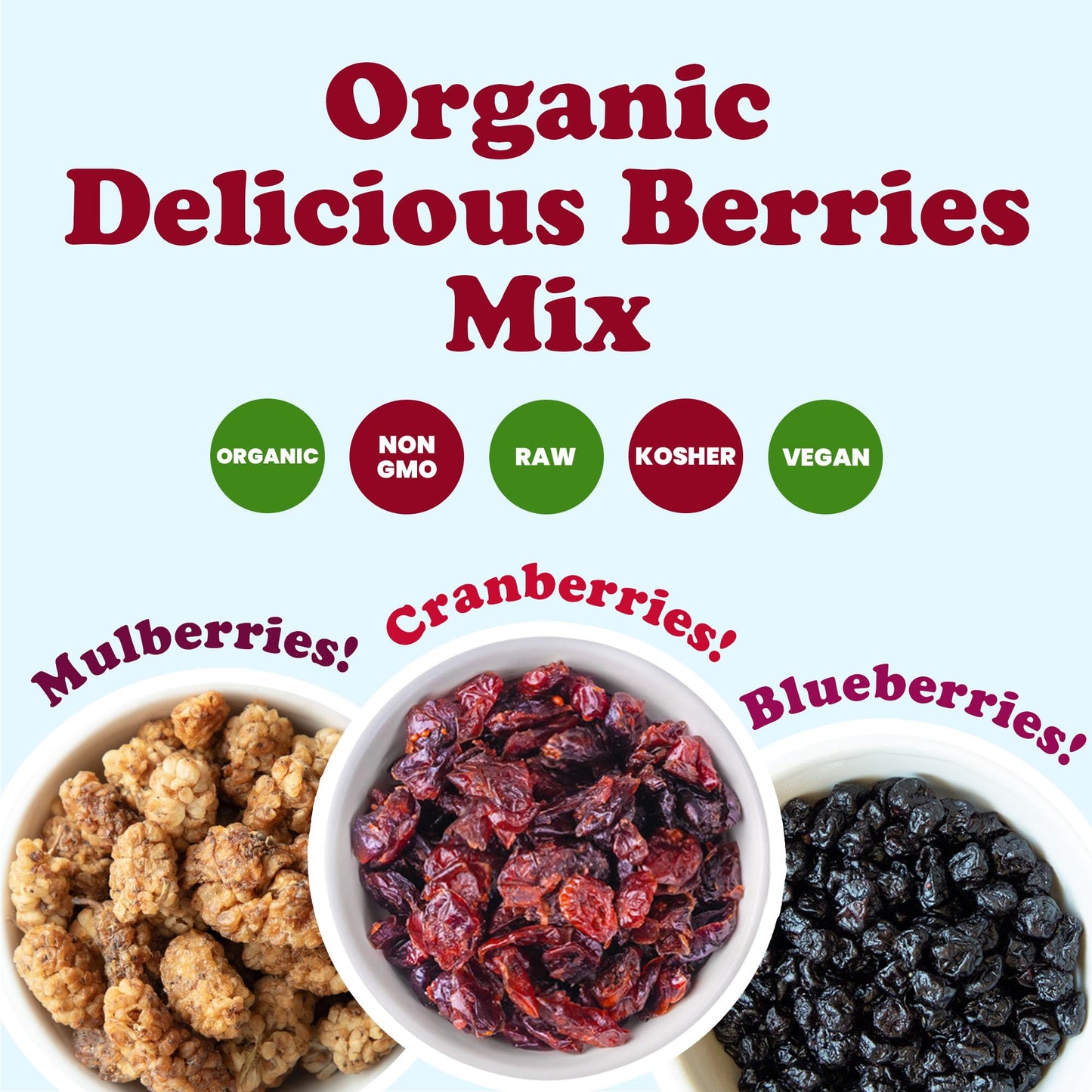 Food to Live Organic Delicious Berries Mix, 4 Pounds - A Blend of Non-GMO Dried Blueberries, Cranberries, and White Mulberries Gently Infused