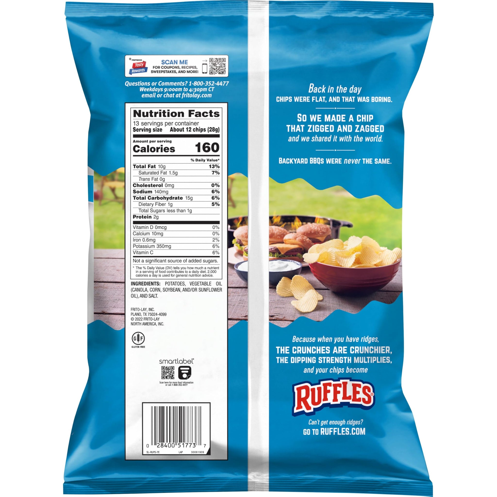 Ruffles Potato Chips, Original, 13 oz Party Size Bag, Gluten Free Potato Chips, Snacks