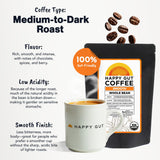 Happy Gut Coffee - Doctor-Formulated, Organic Medium-to-Dark Roast Coffee with Gut-Friendly Benefits - Gentle on Stomach - Rich Flavor, Gluten-Free
