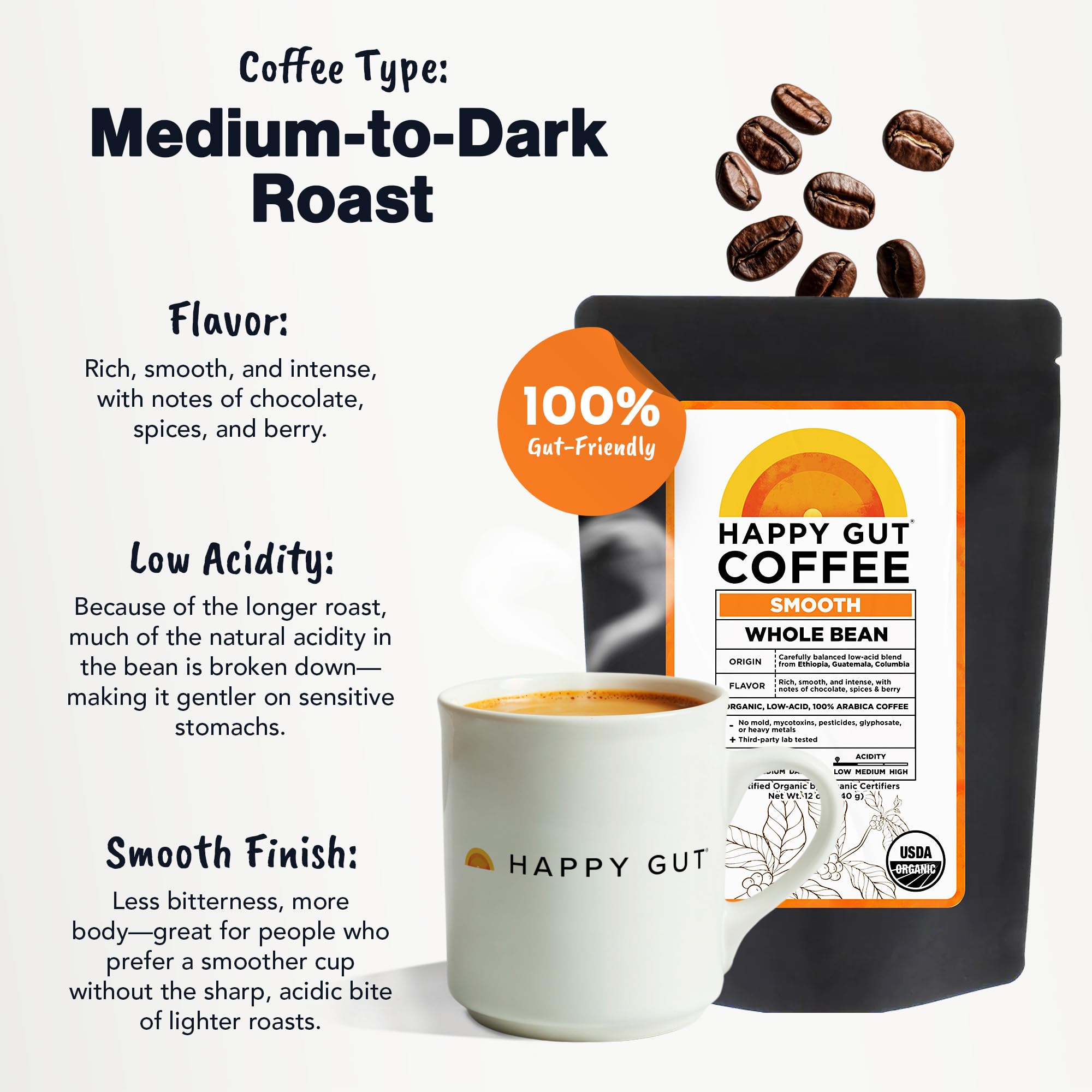 Happy Gut Coffee - Doctor-Formulated, Organic Medium-to-Dark Roast Coffee with Gut-Friendly Benefits - Gentle on Stomach - Rich Flavor, Gluten-Free