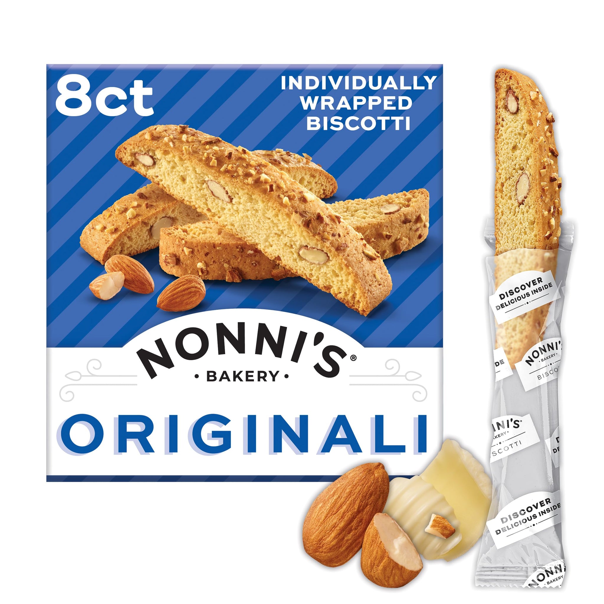 Nonni's Originali Almond Biscotti, Individually Wrapped Italian Cookie Snacks, 8 Servings (Pack of 1)