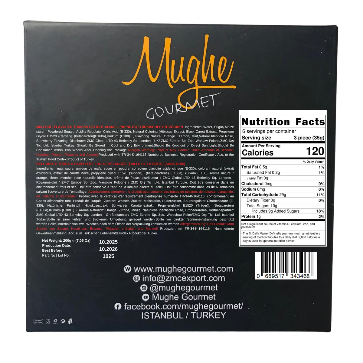 Mughe Gourmet Turkish Delight Candy Elegant Gift Box - 7oz/200g - Halal, Vegan Lokum Fruit Flavors Rose, Strawberry, Lemon, Orange, Mint - Gifts