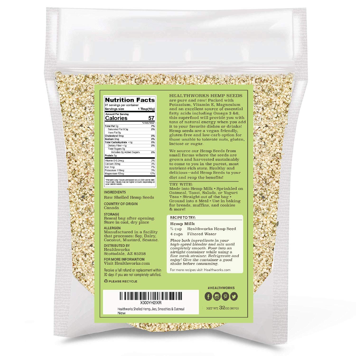 Healthworks Superfood Hemp Hearts, Shelled Hemp Seeds - 32 Oz / 2 Lbs - Canadian, Premium & All-Natural - Contains Omega 3 & 6, Fiber and Protein