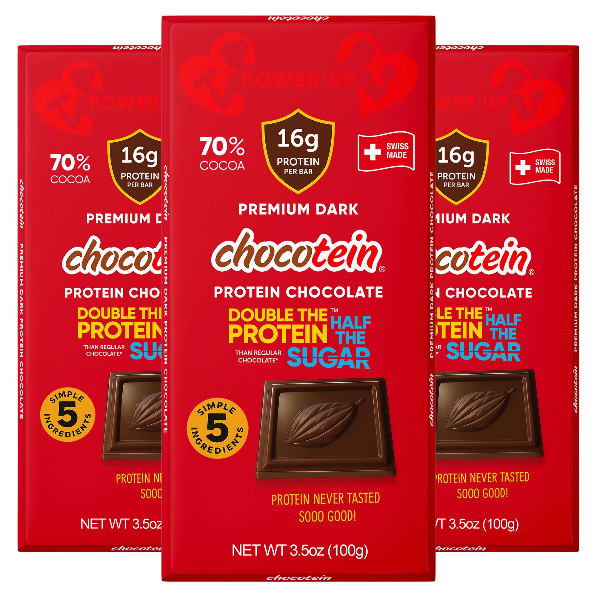 Chocotein | 16g Protein-Rich Premium Chocolate | 70% Dark Swiss Chocolate | 2X More Protein | 50% Less Sugar | Five Simple Ingredients | Made in