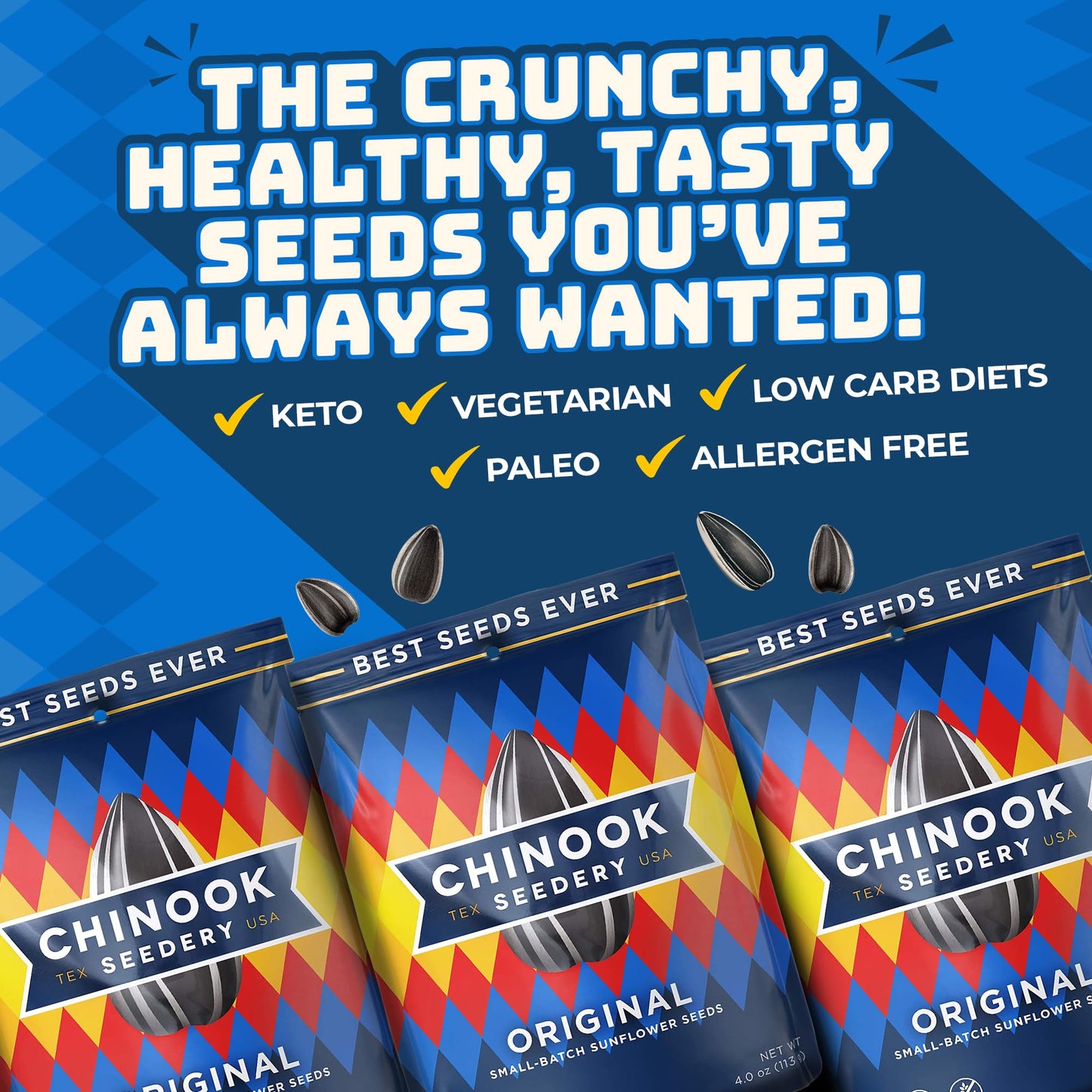 Chinook Seedery Sunflower Seeds to Eat - Jumbo, Flavored, Roasted, Low Sodium Snacks - Keto Friendly, Gluten-Free, Non-GMO - Original Flavor 4 oz