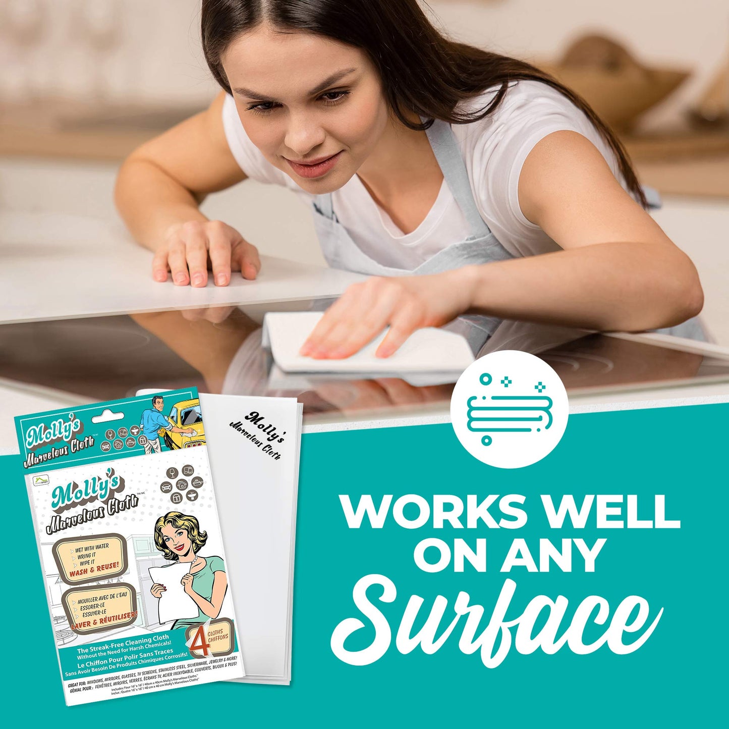 Molly's Marvelous Cloth, Streak-Free, Lint-Free Microfiber Cleaning Cloth, Polishing Cloth for Glass, Stainless Steel, Use for Kitchen, Bath, Cars