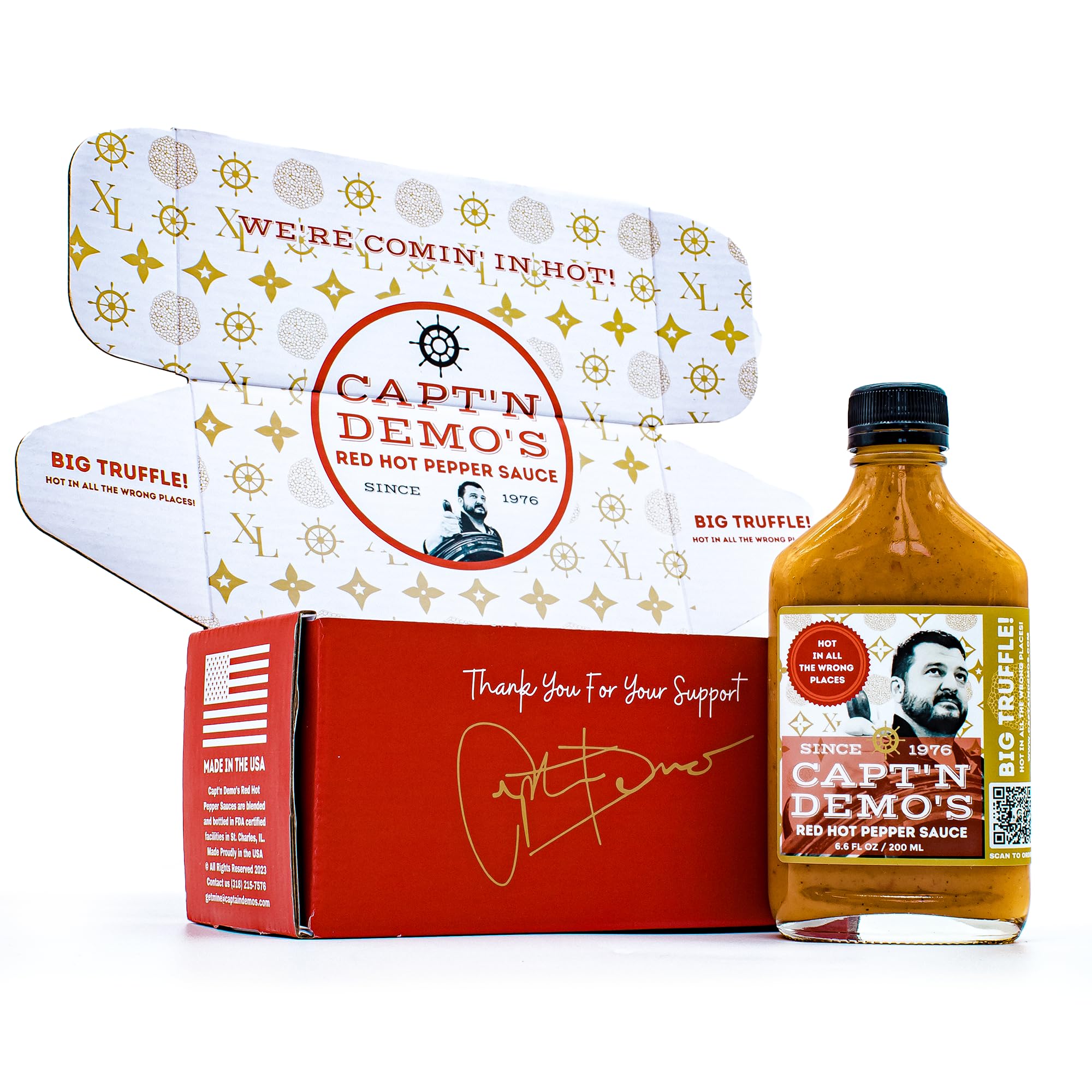 CAPT’N DEMO’S Truffle Hot Sauce BIG TRUFFLE FLASK - Gourmet Red Sauce with Real White & Black Truffle - Hot Honey Garlic Blend - Small Batch Luxury