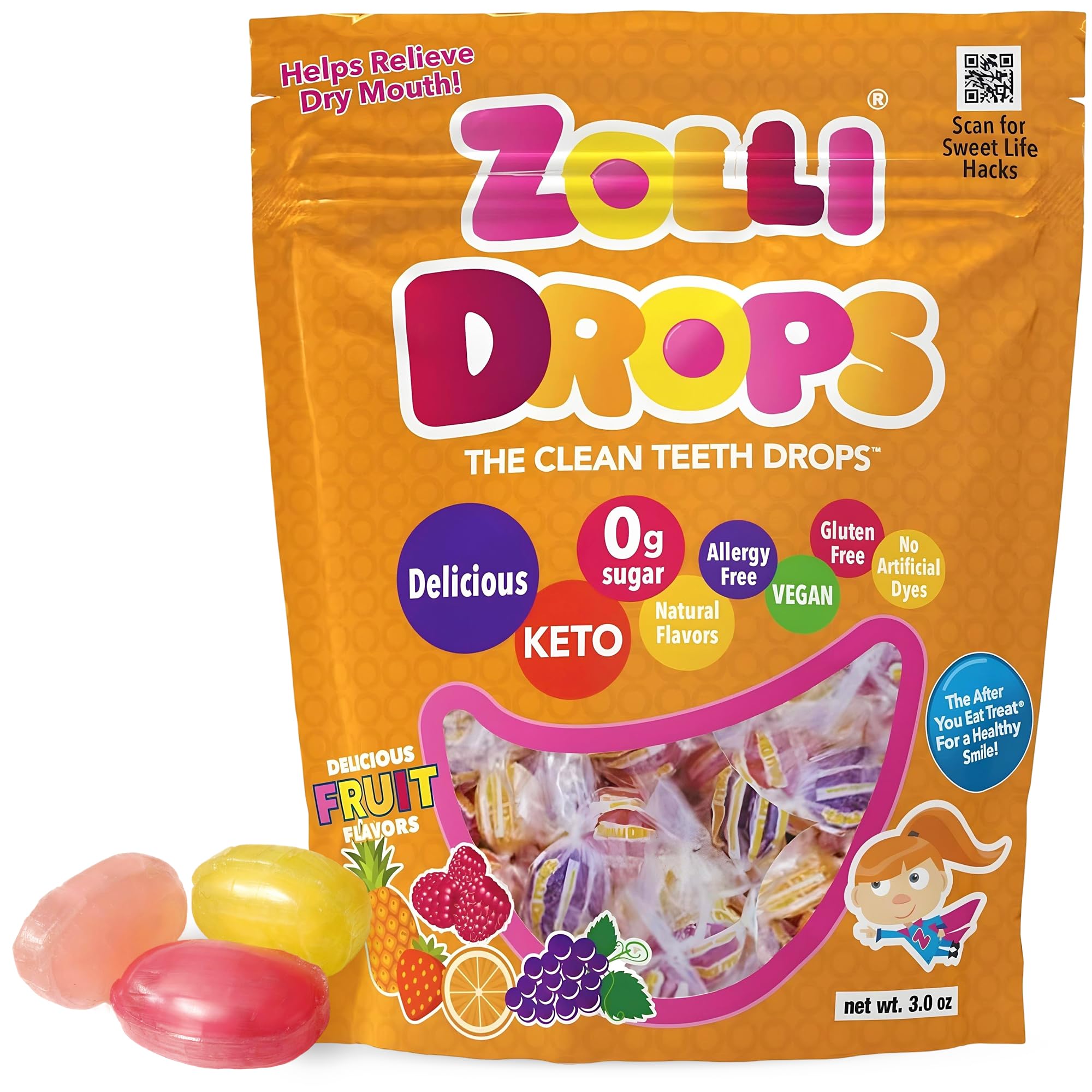 Zolli Drops Sugar Free Candy with Xylitol, Dye-Free Lollipops - Keto & Diabetic-Friendly, Dentist-Approved Treats for Kids (Natural Fruit Flavors, 3