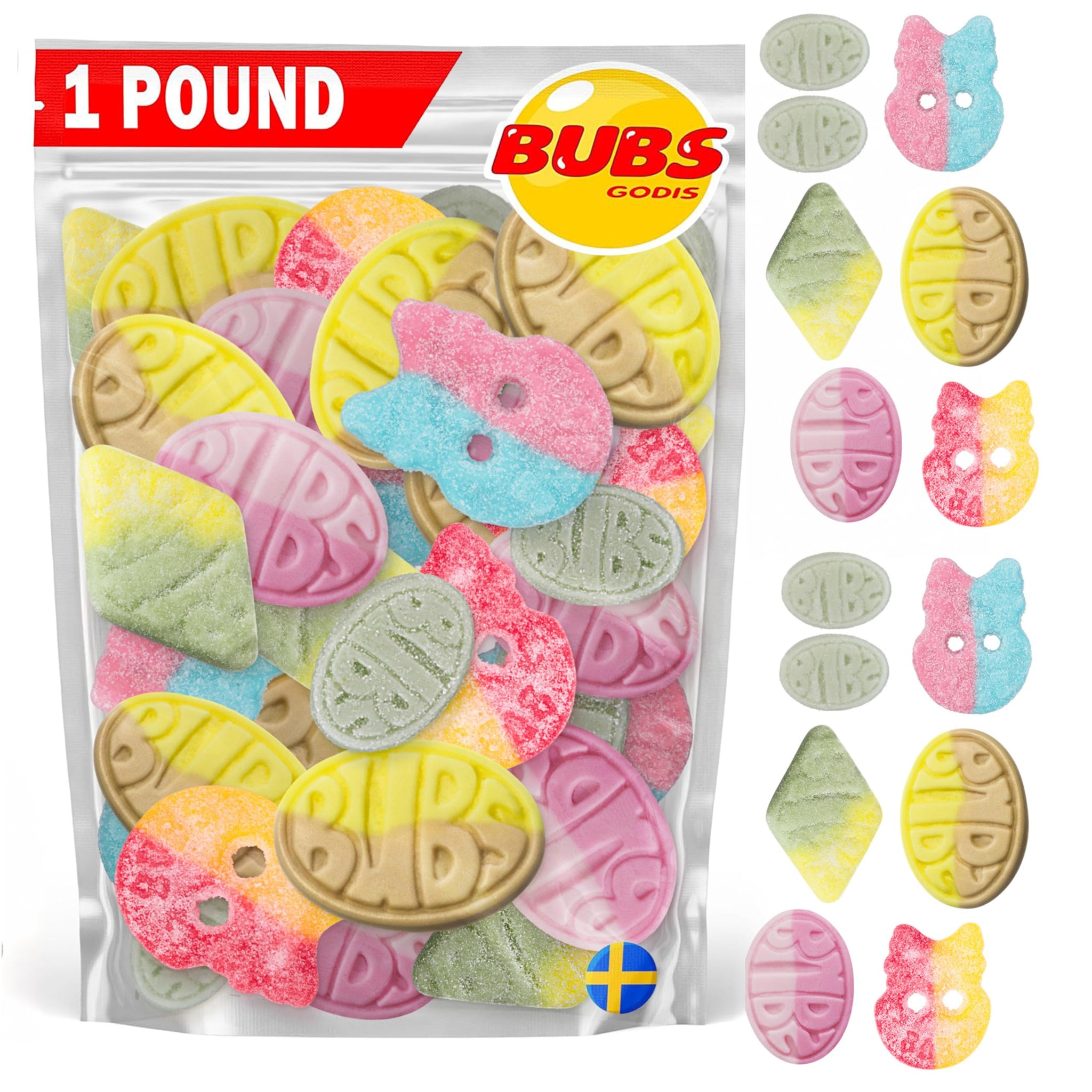 BUBS Swedish Candy Mix 1 lb - Authentic Sweet and Sour Swedish Gummies - Gelatin-Free Vegan Gummy Candy Assortment, Imported from Sweden - Foam Candy