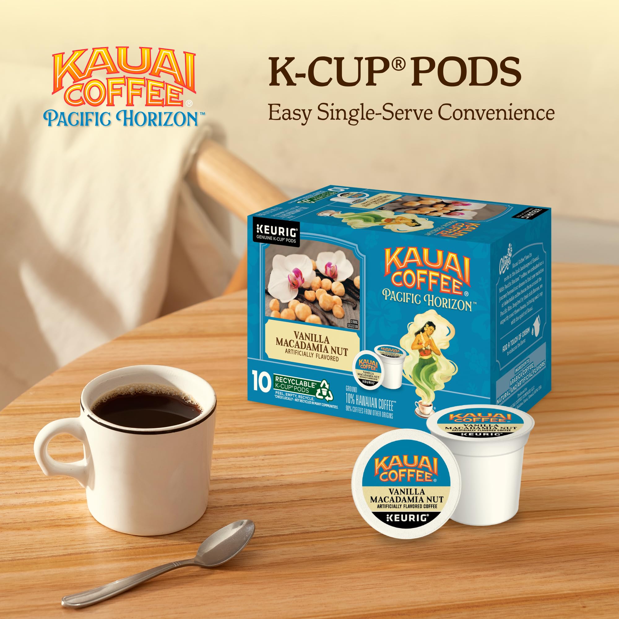 Kauai Coffee K-Cup Pods for Keurig Brewers - Arabica Coffee, 10% Hawaiian - Medium Roast, Vanilla Beans with Toasted Macabamia Nuts - Vanilla
