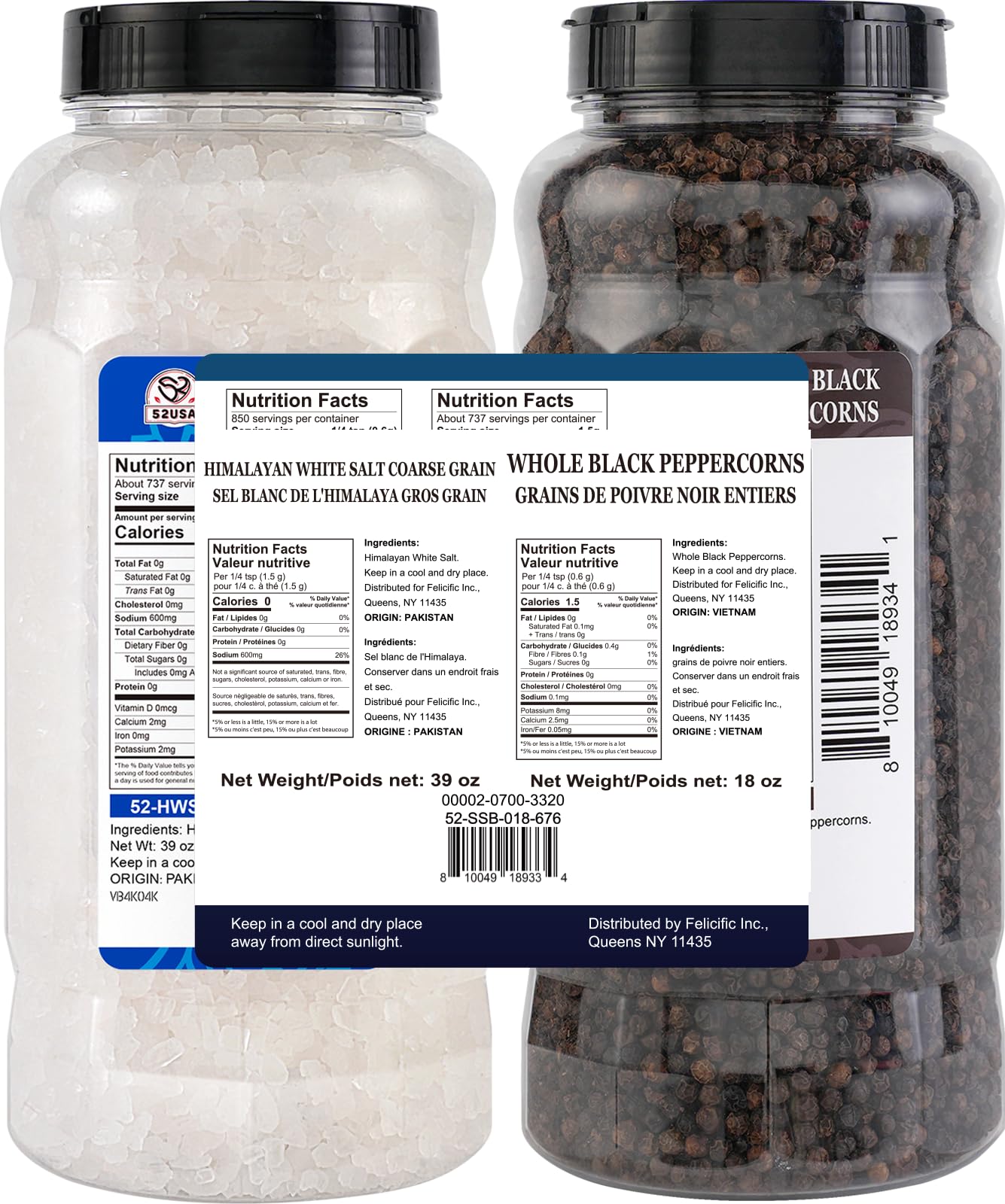 52USA Himalayan White Salt (Coarse Grain) 39 oz + Whole Black Peppercorns 18 oz, Salt and Pepper Grinder, Black Peppercorn Refil, Sea Salt for Grinder