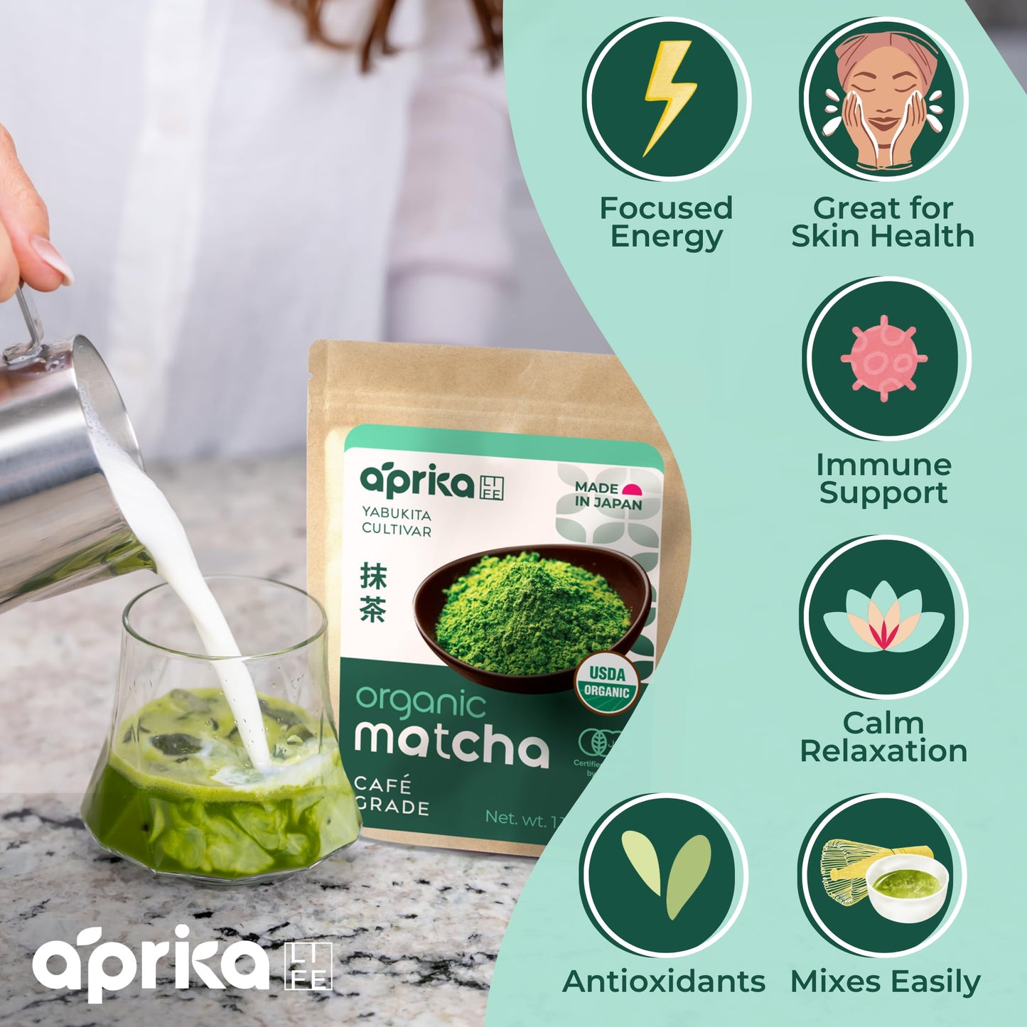 AprikaLife Matcha Powder from Japan, USDA and JAS Organic Matcha Green Tea Powder, No Sugar Added, Perfect for Matcha Latte, Japanese Green Tea