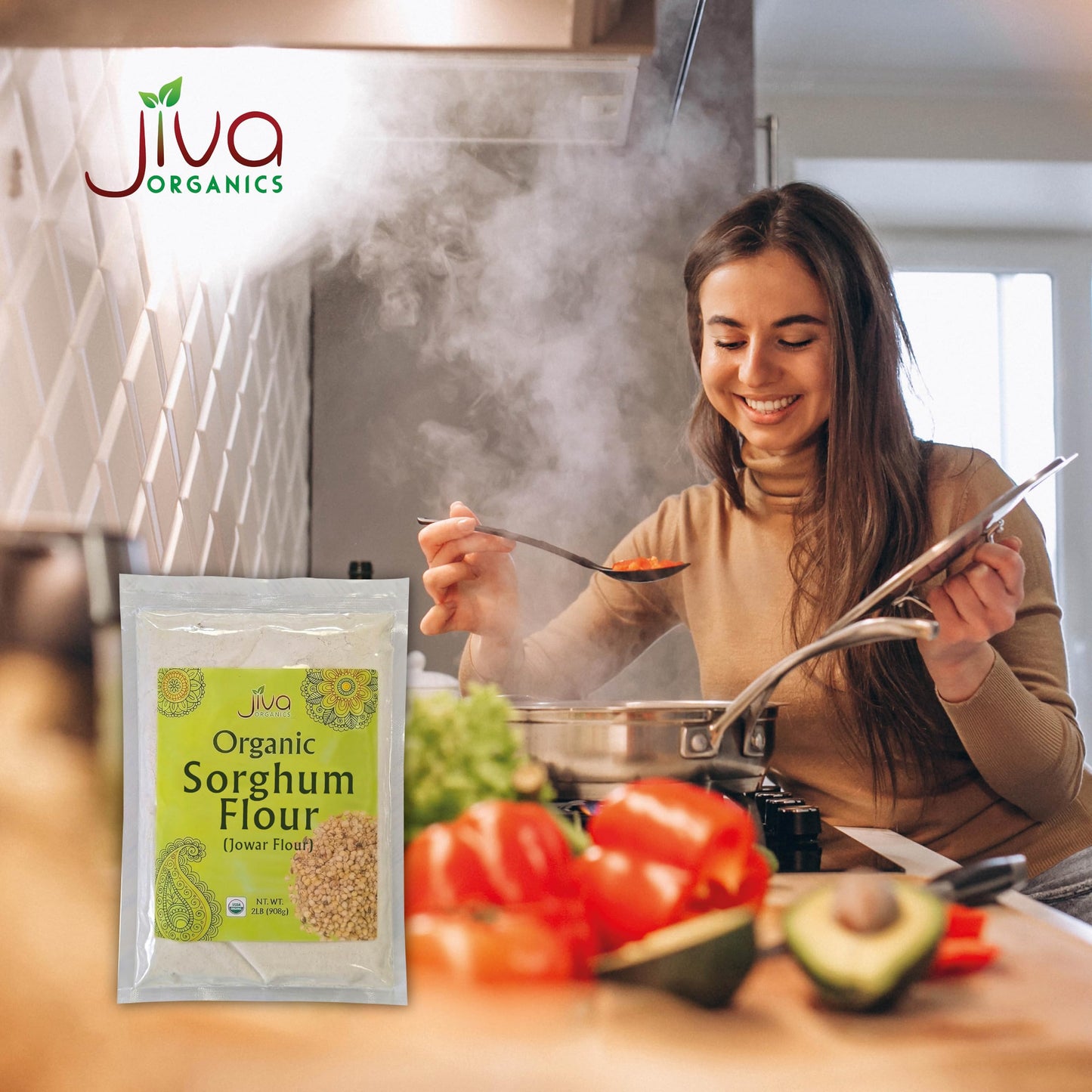 Jiva Organics Organic Sorghum Flour 2 Pound Bag - Jowar Flour, 100% Natural & Non-GMO
