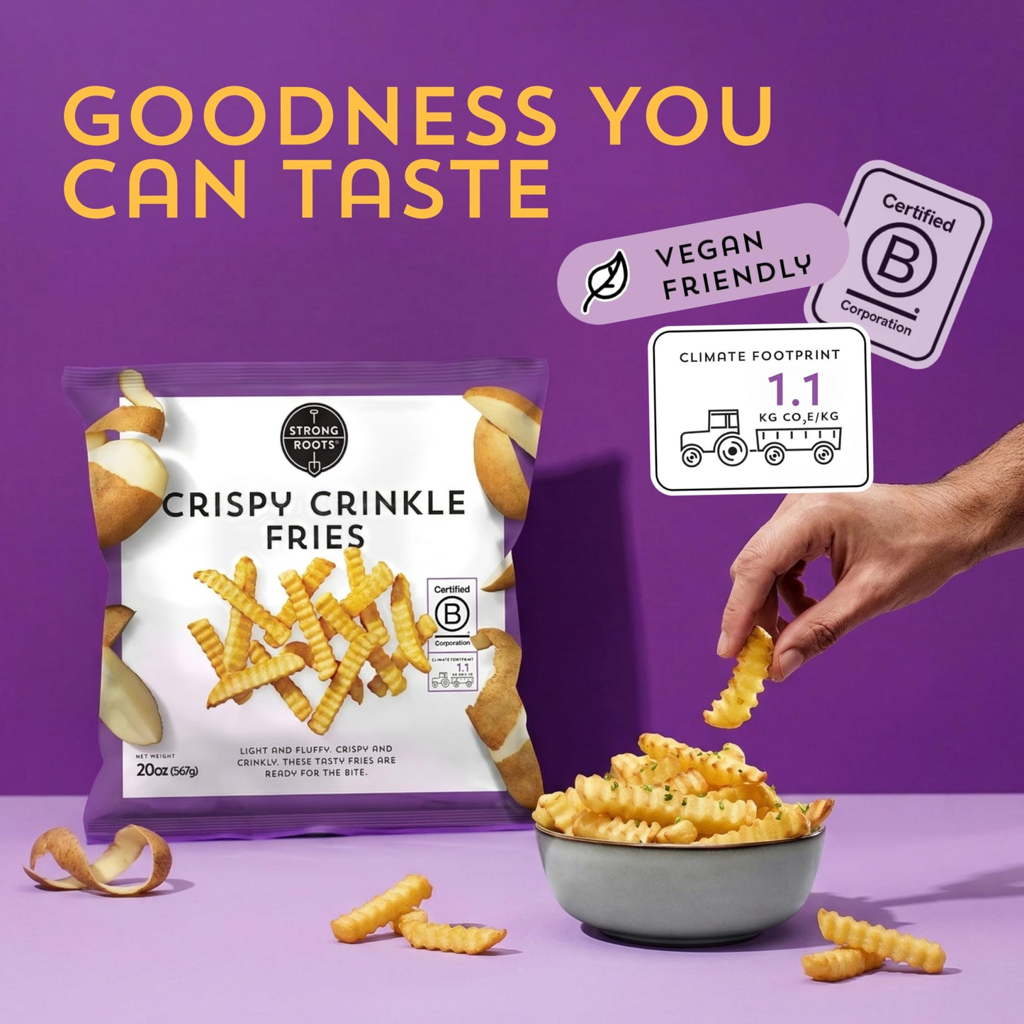 Strong Roots Crispy Crinkle Fries, 20 oz., Vegan & Gluten Free Frozen Fries, Low in Sugar, Salt & Saturated Fat, No Trans Fat