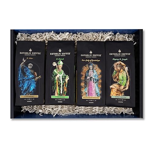 Catholic Coffee Variety Coffee Box (Ground) (Our Lady of Guadalupe, St. Patrick, St. Peter, St. Joseph) includes 4 12 oz Bags of Medium and Dark Roast