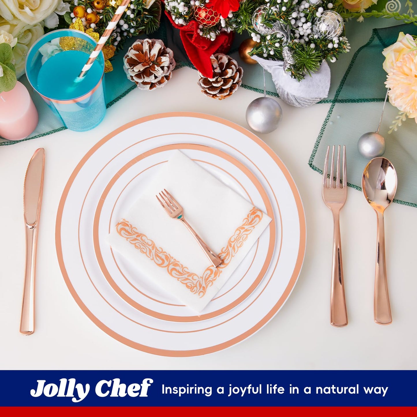 250 Count Rose Gold Disposable Plastic Dinnerware Set, 50 Rose Gold Plastic Plates, 25 Silverware, 25 Cups and Straws, 50 Napkins, Perfect for Wedding