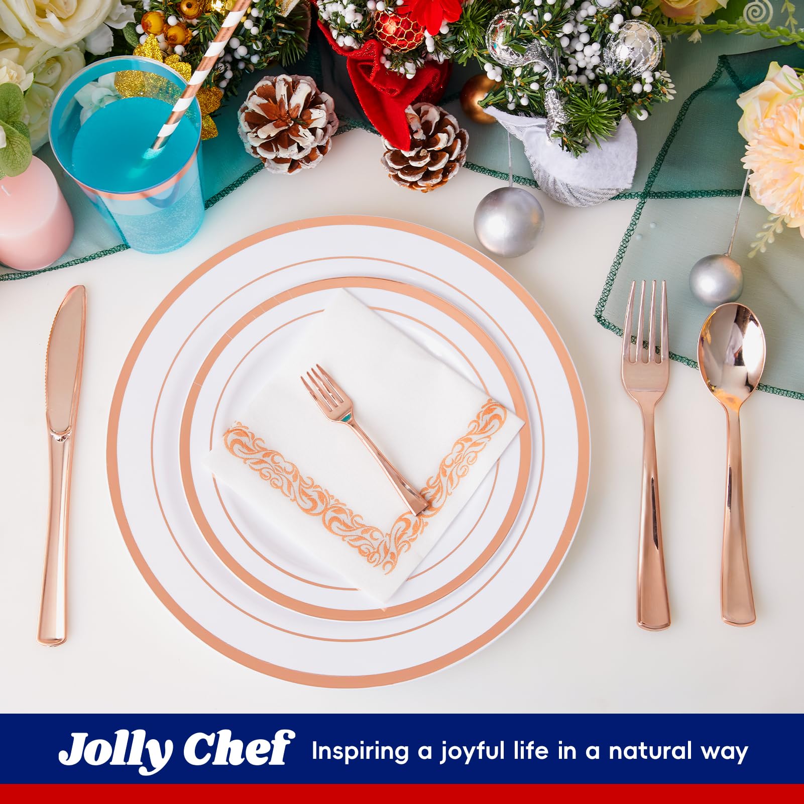 250 Count Rose Gold Disposable Plastic Dinnerware Set, 50 Rose Gold Plastic Plates, 25 Silverware, 25 Cups and Straws, 50 Napkins, Perfect for Wedding