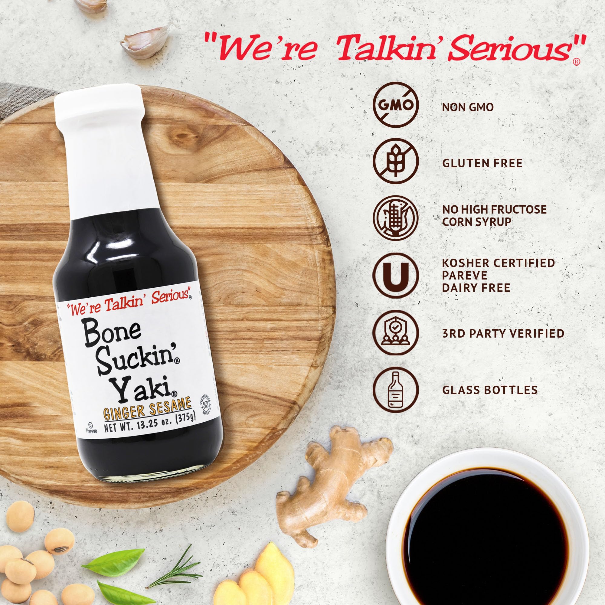 Bone Suckin' Yaki, Ginger Sesame Teriyaki Sauce, The perfect blend of zesty ginger, the nutty taste of sesame & the smooth finish of tamari, adds
