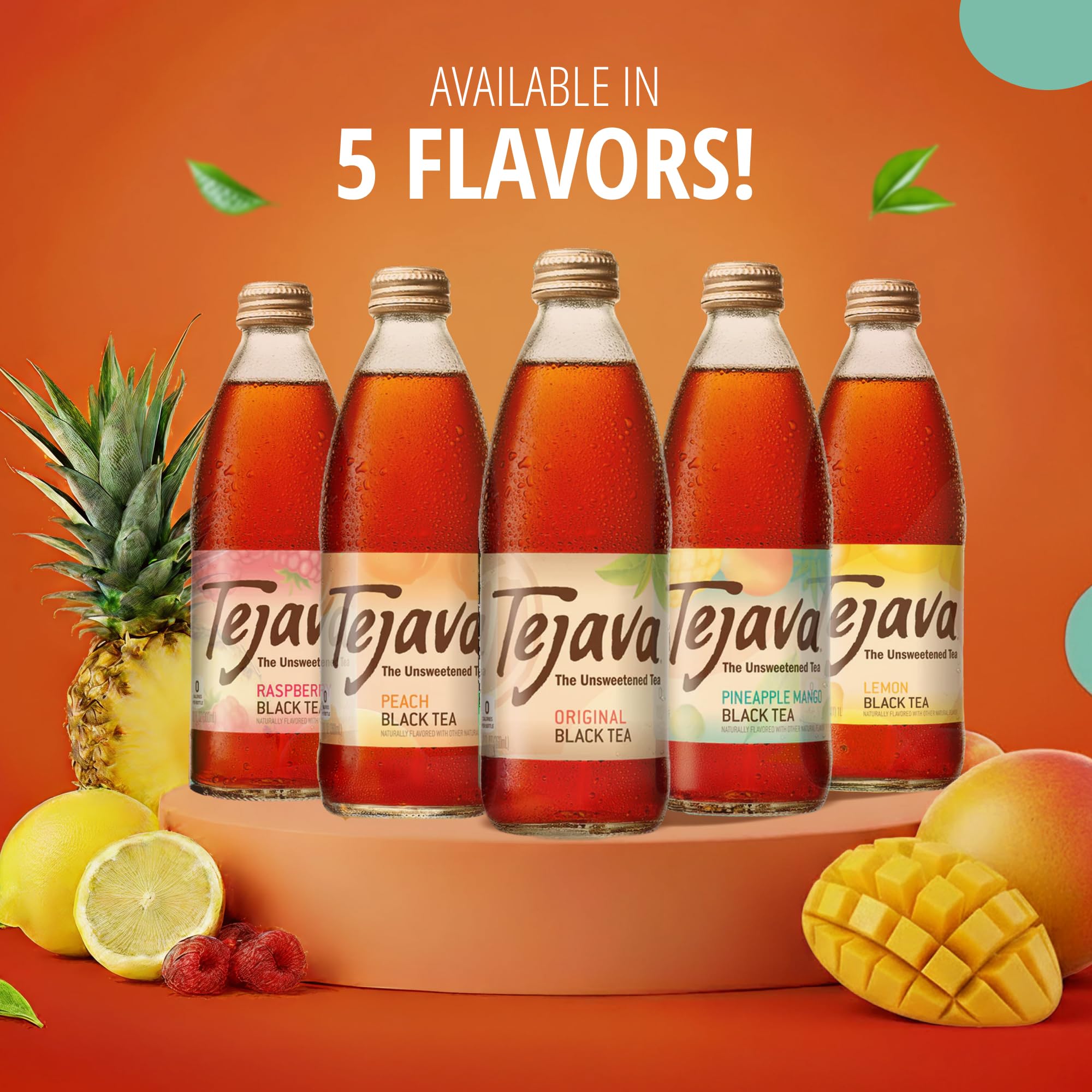Tejava Peach Black Iced Tea, 4 Pack, 12oz Glass Bottles, Unsweetened, Non-GMO, Kosher, No Sugar or Sweeteners, No calories, No Preservatives, Brewed