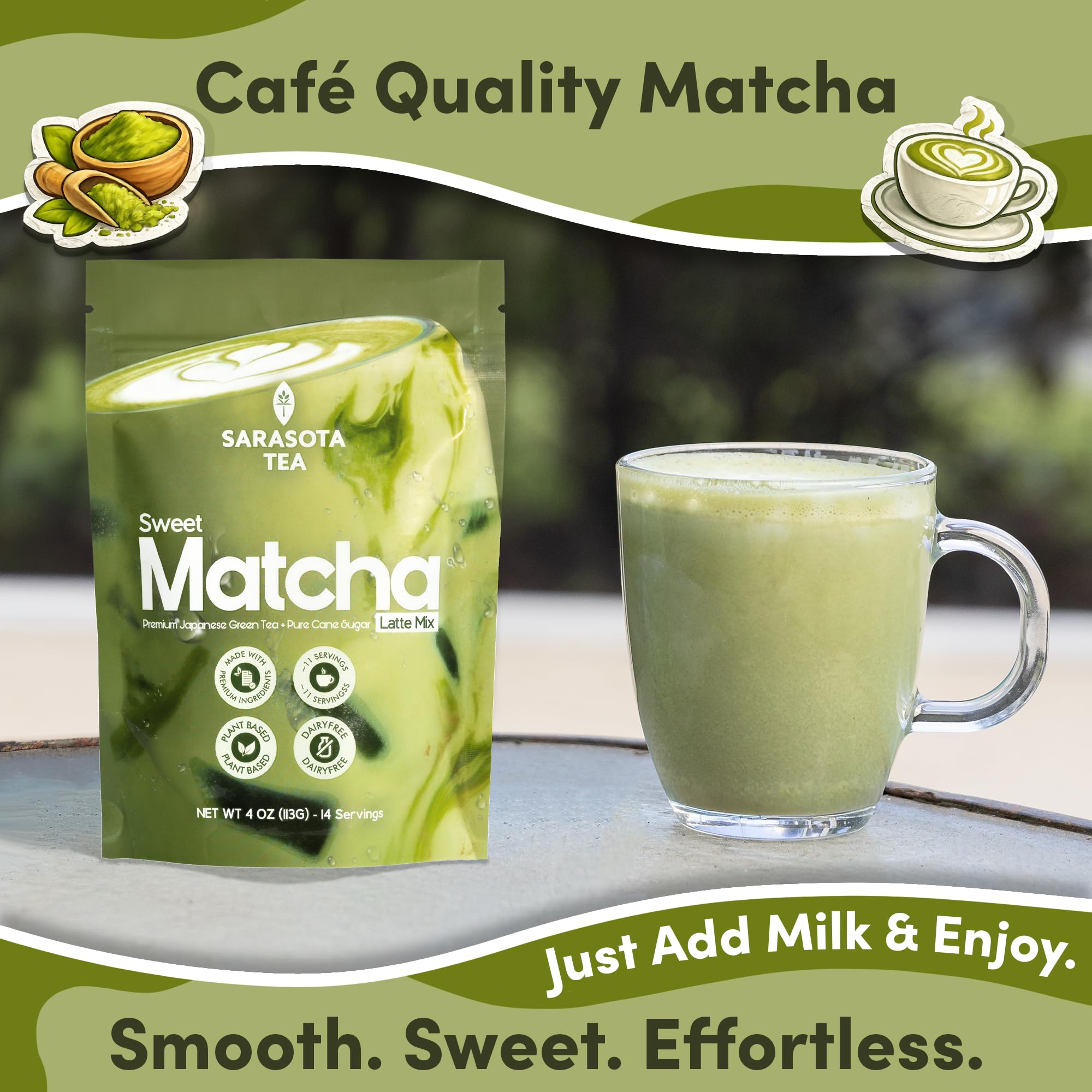 Sweetened Matcha Latte Mix, 4 oz, Matcha Green Tea Powder with Cane Sugar, Hot or Iced Matcha Latte Drink Mix, Resealable Bag