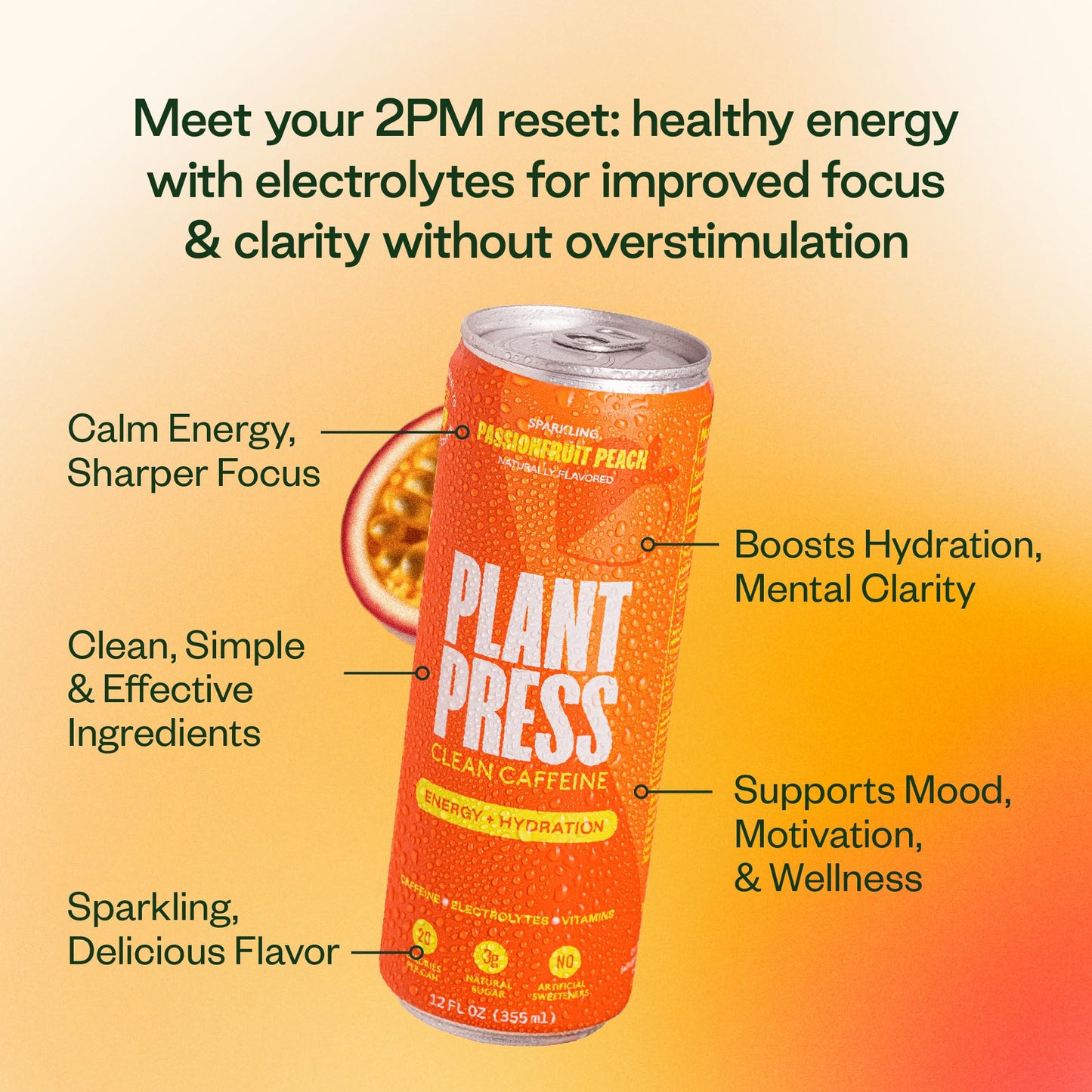 Plant Press - Organic Energy Drink, 100 mg Caffeine Clean Coffee Alternative, Full Range of Vitamins, Electrolytes, No Sugar Alcohols, No