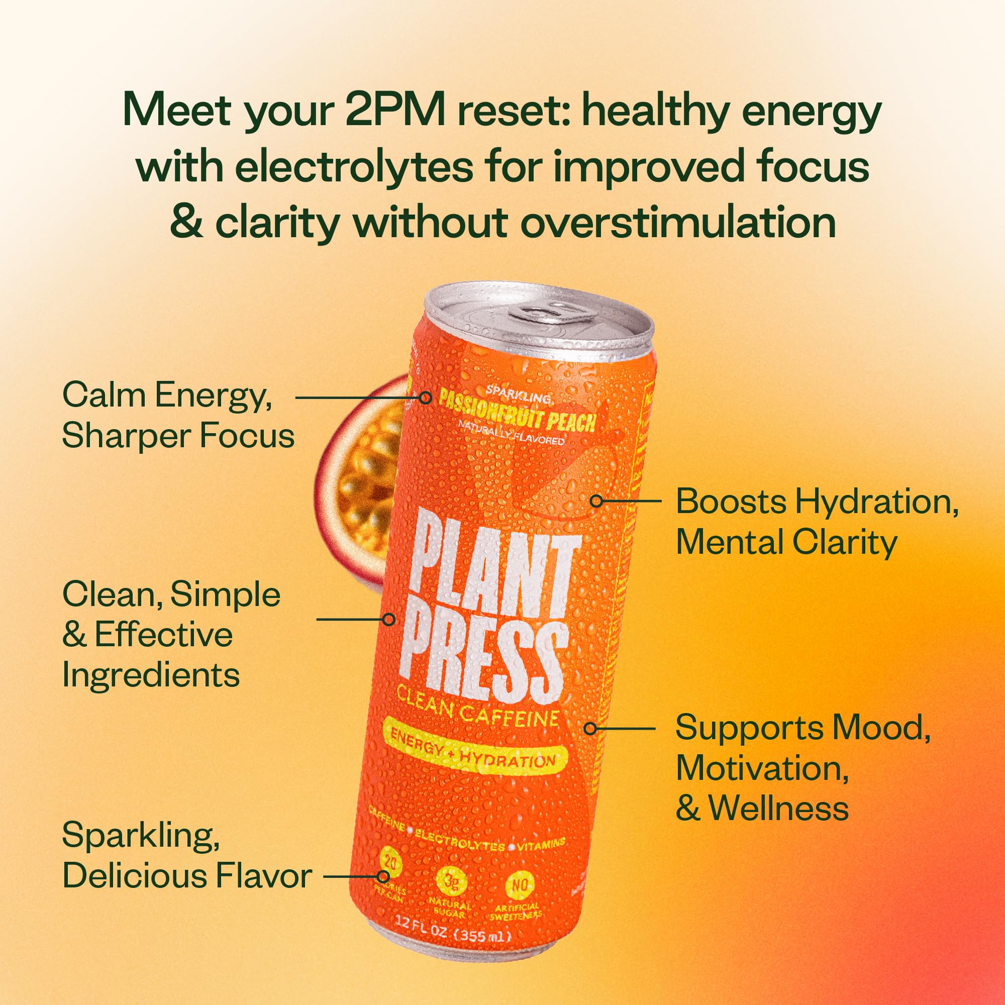 Plant Press - Organic Energy Drink, 100 mg Caffeine Clean Coffee Alternative, Full Range of Vitamins, Electrolytes, No Sugar Alcohols, No